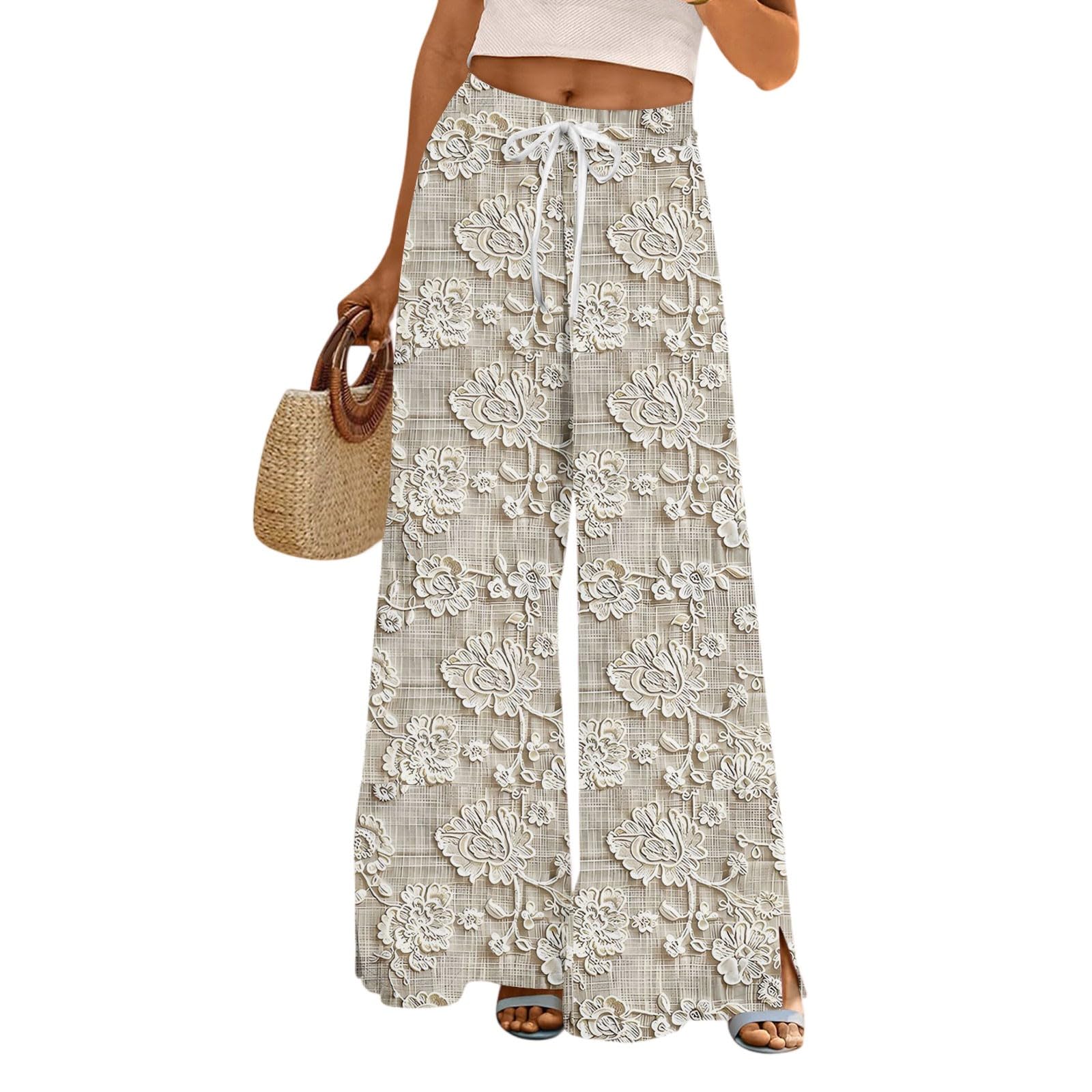 Womens Palazzo Pants Boho Wide Leg Floral Trousers Casual Elastic High Waist Flowy Pant 2025 Beach Vacation Outfits