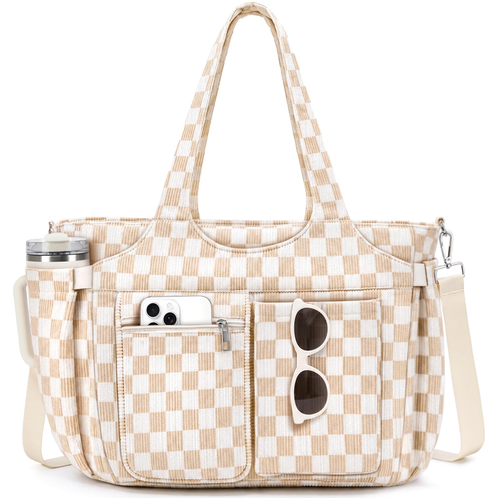TOPEAST Corduroy Tote Bag for Women, Laptop Work Tote with Cup Holder
