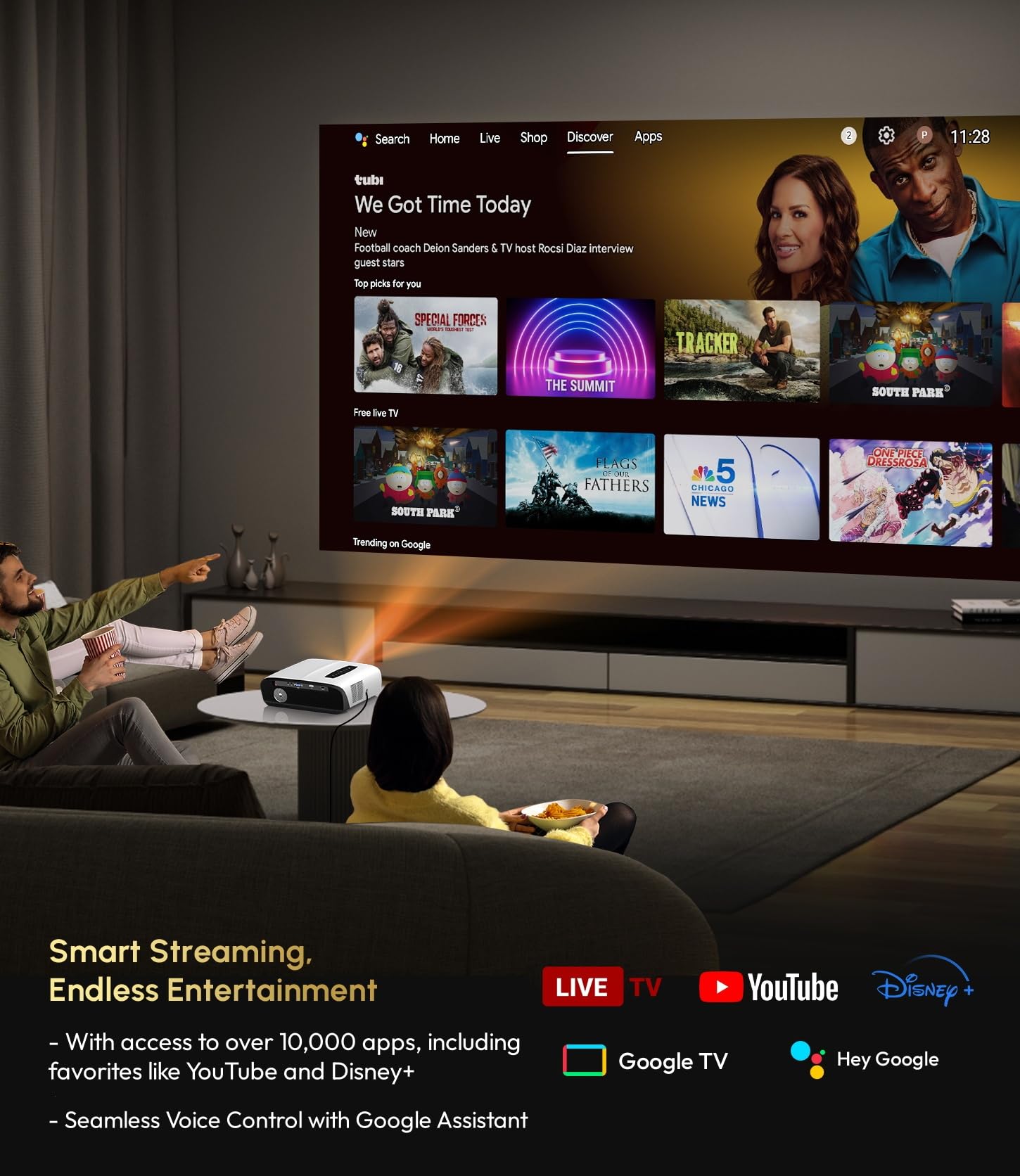 Ultra HD 4K Google TV Projector 2200 ANSI High-Bright Home Theater Projector Outdoor, ToF+CMOS Laser Auto Focus, WiFi6 Bluetooth, Shorter Throw, Dolby Audio, 30W Speaker, NFC Screencast