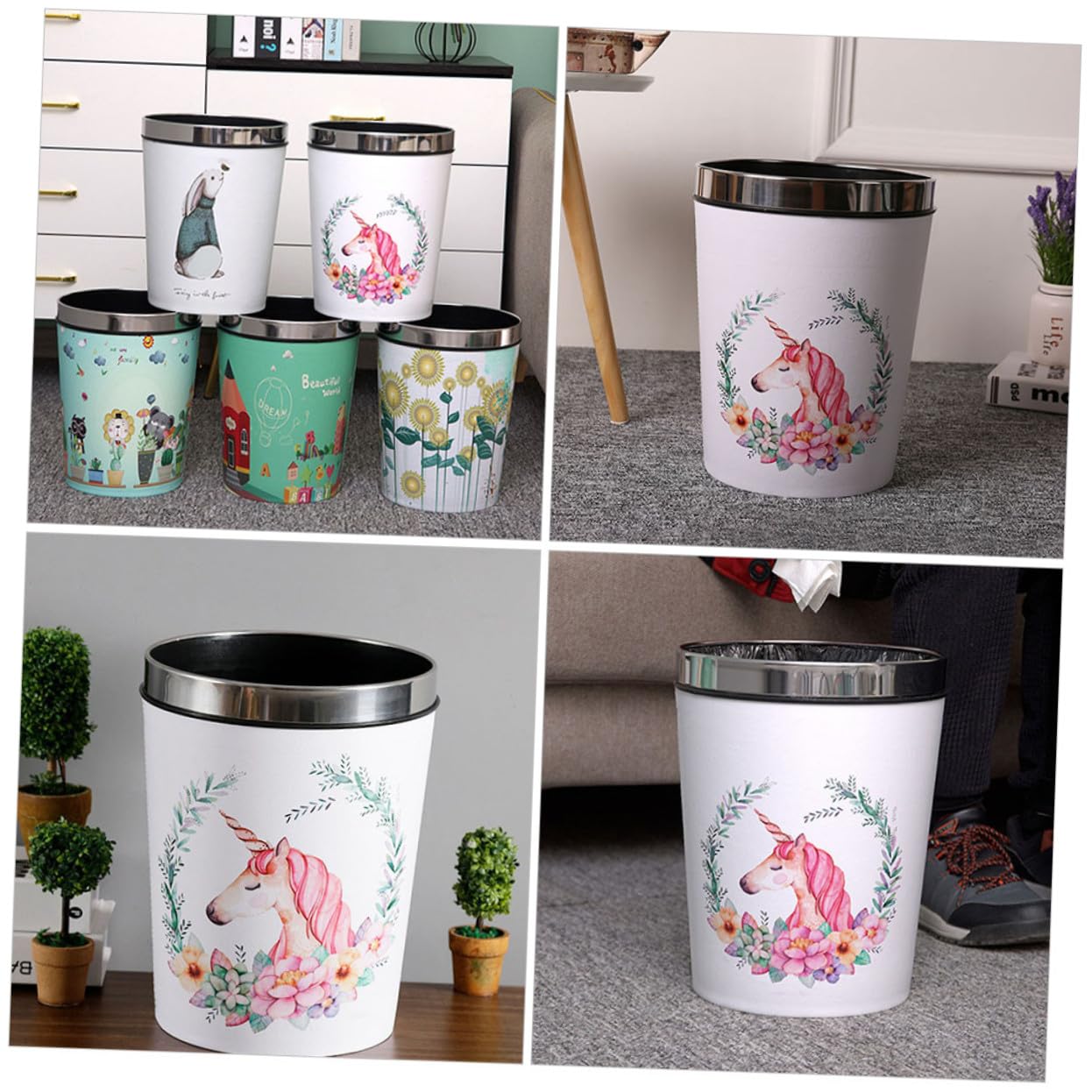 Gadpiparty Einhorn Mülleimer Rund mit Praktischem Pressring Bunter Abfallkorb für Kinderzimmer und Haushalt Stabiler Papierkorb für Abfälle und Kleine Müllreste Wiederverwendbar und Leicht