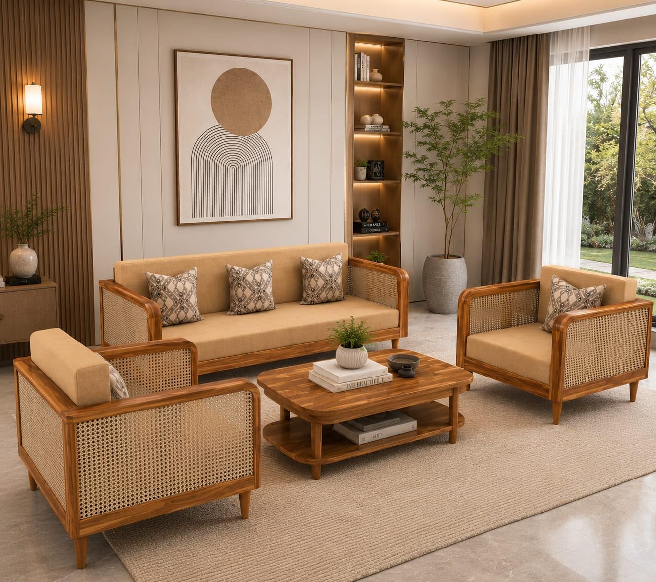 Sheesham Wood Sofa Set for Living Room | Wooden 5 Seater Sofa Set | Solid Wood with Rattan Cane | Natural Finish | 3 Seater Sofa + 2 Single Seater Sofa (Honey Finish)-picture-31