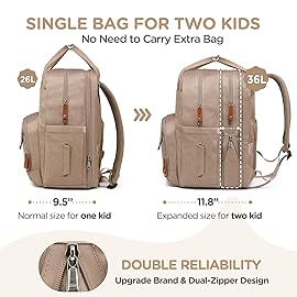 Qualyphant Large Diaper Bag Backpack for Two Kids Twins - Expandable Baby Bag (26-36L), Dual Big Compartments - Includes Changing Pad & Stroller Straps, Unisex Premium Khaki
