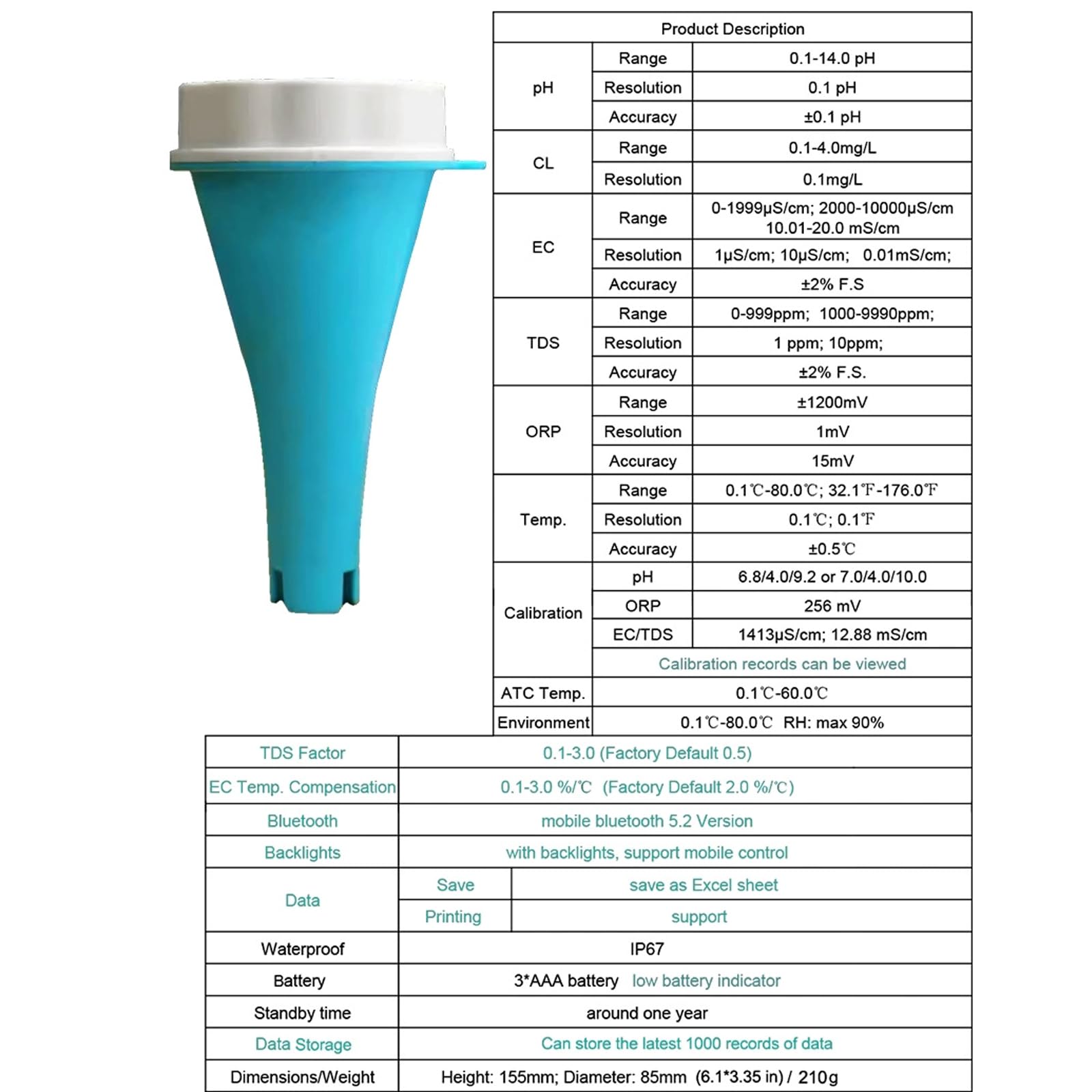 Inteligentny tester wody w basenie, miernik do testowania wody w basenie, monitor pH i chloru w wannie z hydromasażem, sterowanie aplikacją Bluetooth, dokładna sonda, przechowywanie 1000 zapisów, do
