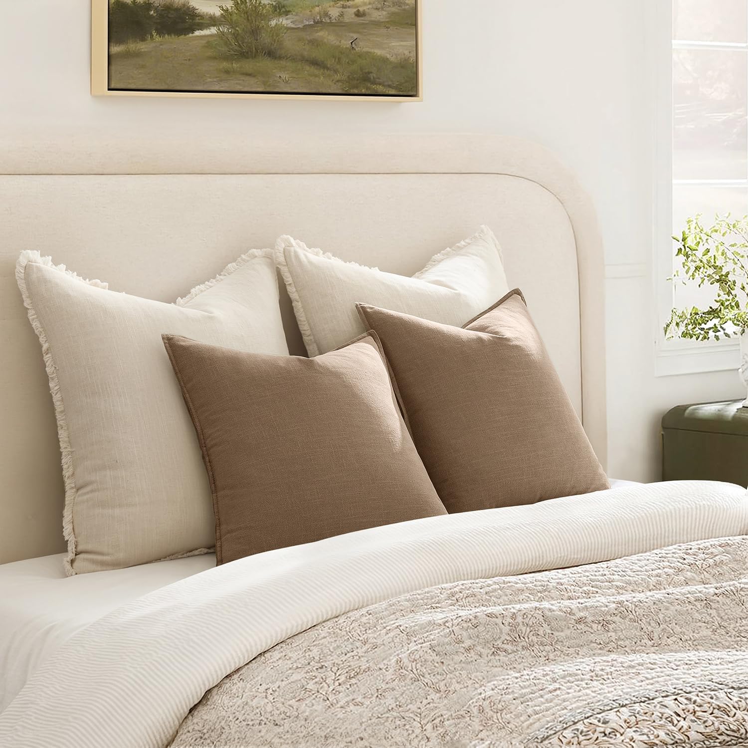 ANRODUO Pack of 2 Decorative Linen Pillow Covers Coco Brown Euro Sham Neutral Farmhouse Boho Soild Cushion Case Soft Accent Pillowcase for Couch Sofa Bedroom Living Room Home Decor 24 x 24 Inch