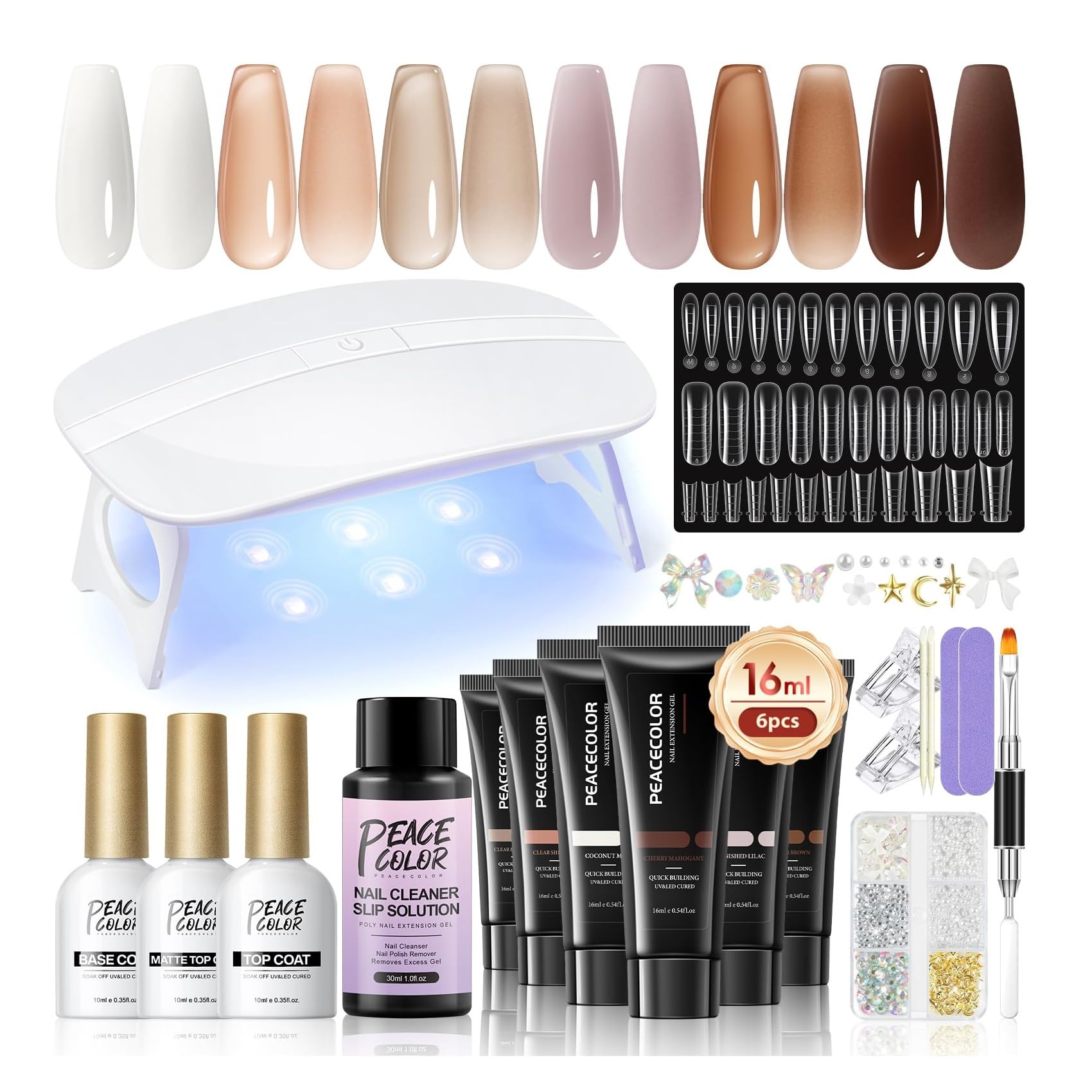 PEACECOLOR Poly Extension Gel Nagel Set, 6 Farben Weiß-Braun Poly-Nagelgel-Set mit Nagellampe, Slip-Lösung und Maniküre Werkzeugen für Anfänger DIY Maniküre Salon