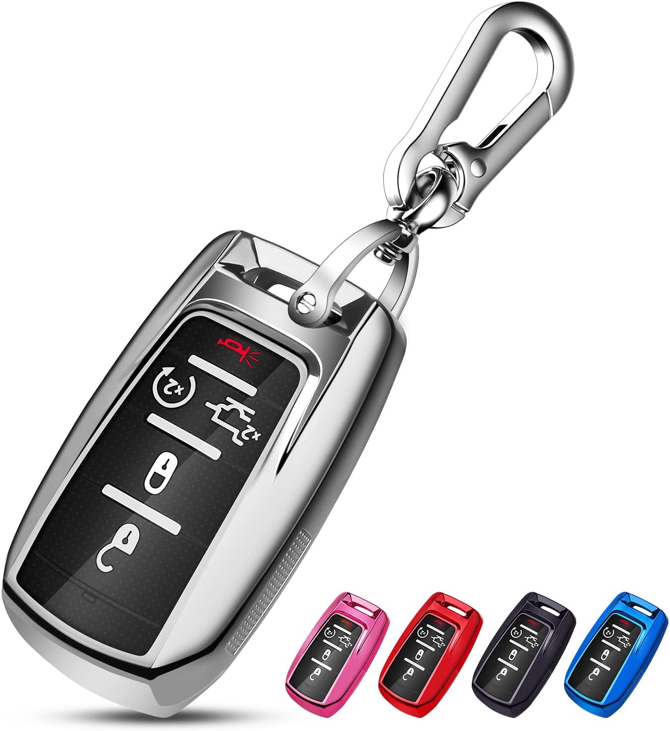 QBUC for RAM Key Fob Cover with Keychain Clip Soft TPU Key Case Compatible with 2019 2020 2021 2022 Dodge Ram 1500 2500 3500 4500 5500 Smart Remote Accessories (Silver)