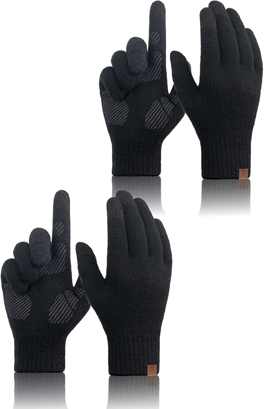 2 Pairs Winter Merino Wool Gloves for Men Women, Knit Touch Screen Warm Thin Non-slip Glove for Driving Running Gift
