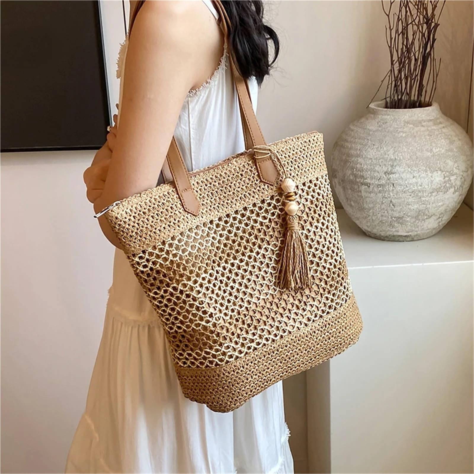 Bolso de Hombro de Paja Bolsos de paja verano for mujer, bolso hombro ratán, bolsos playa tejidos hechos a mano viaje