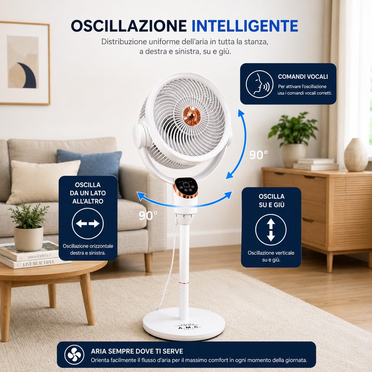 TANIASHOP Ventilatore a Piantana intelligente con Comando Vocale Controllo Touch e Telecomando 6 Velocità 50W Oscillazione Destra Sinistra e Su Giù con Timer Ventola Silenziosa Altezza 112cm