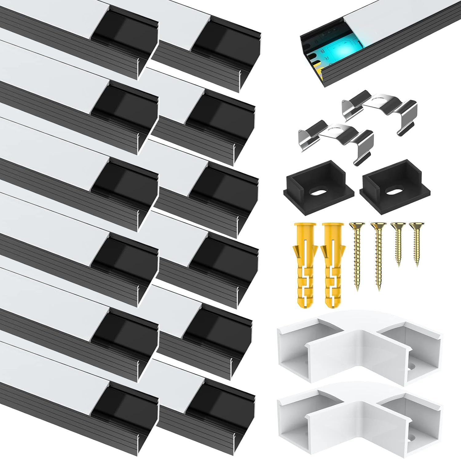 12x1M Schwarz LED Aluminium Kanal mit Milchige Abdeckung für 16mm LED Streifen, U Form LED Profil Strip Schiene Aluprofil mit Endkappen, Metall Befestigungs Clips und 90 Grad Eckverbindern