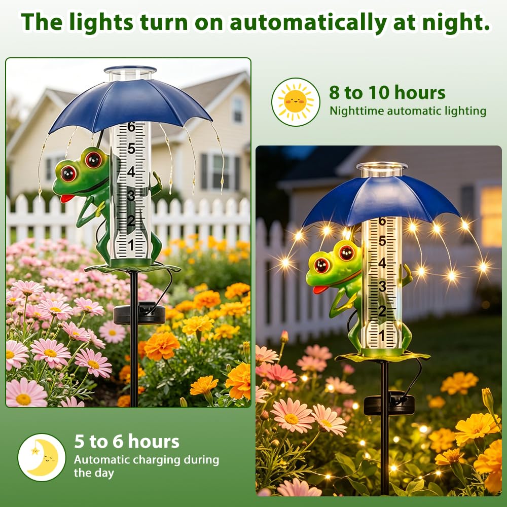 7-Zoll Regenmesser, Niederschlagsmesser mit Erdspieß und Solar-LED-Leuchten, Frosch Regenmesser Frostsicher, Gut präzise et Ablesbar, Gartenzubehör, dekorativ für Garte Rasen Terrasse und Hof
