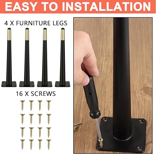 Miniatura 4 de WOPPLXY 4 patas para muebles de 12 pulgadas, patas rectas de metal cónico, patas de repuesto de muebles de estilo de mediados de siglo negro dorado