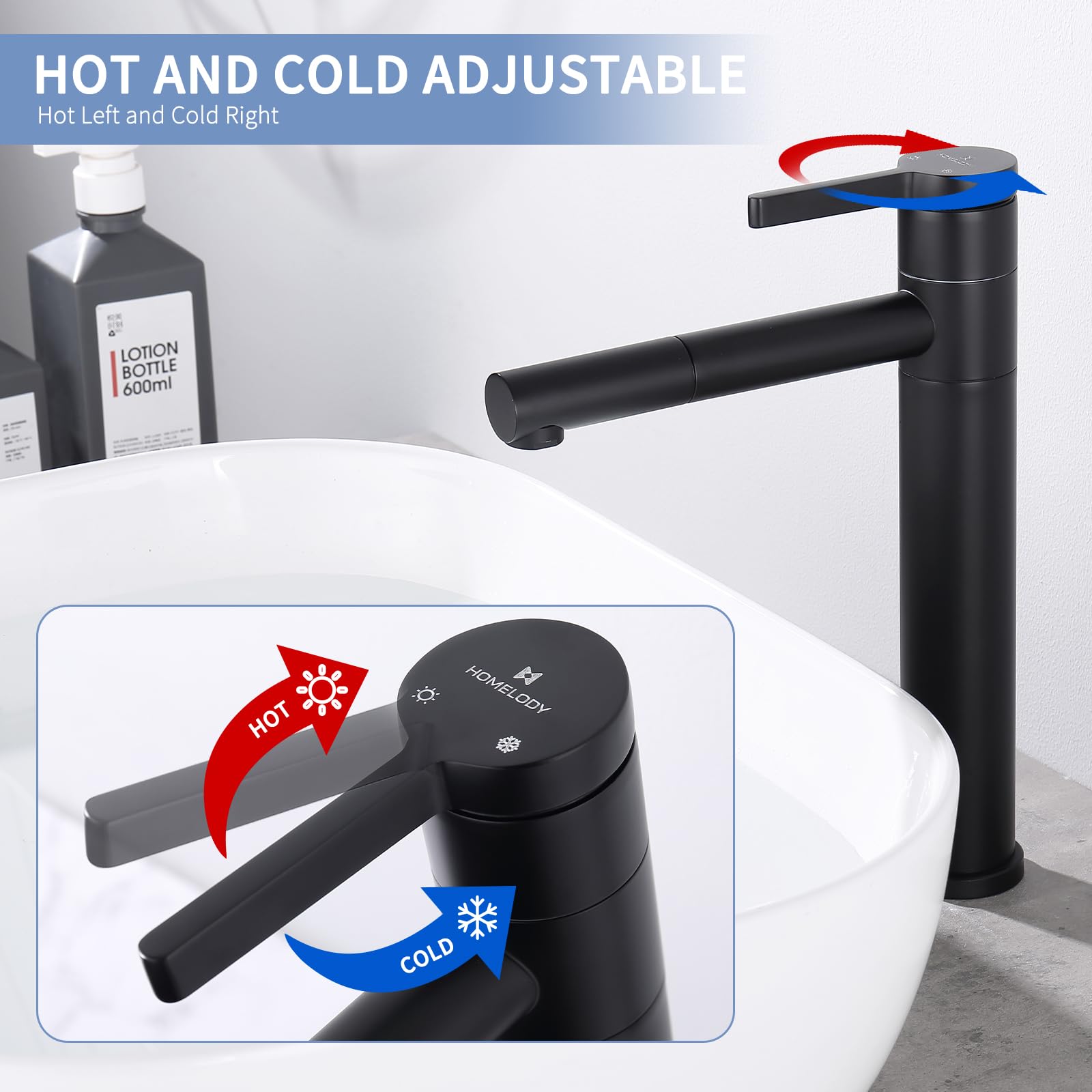HOMELODY Grifo de baño negro alto con caño giratorio 360° y cuerpo – Grifo de acero inoxidable para baño con 215 mm de altura de caño – Fregadero monomando negro mate para lavabo superior