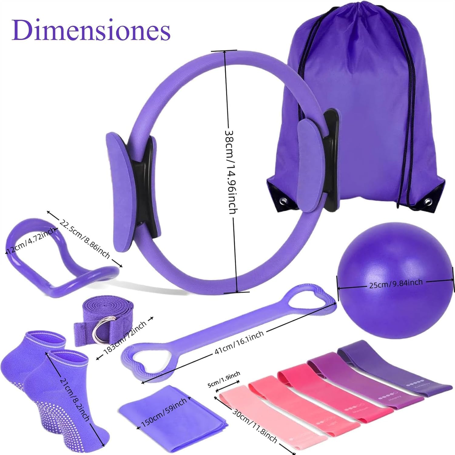 Kit de Pilates Essentiel pour Entraînement à Domicile – Équipement de Fitness Portable avec Cercle Pilates, Bandes de Résistance Longues, Balle Souple et Chaussettes Antidérapantes