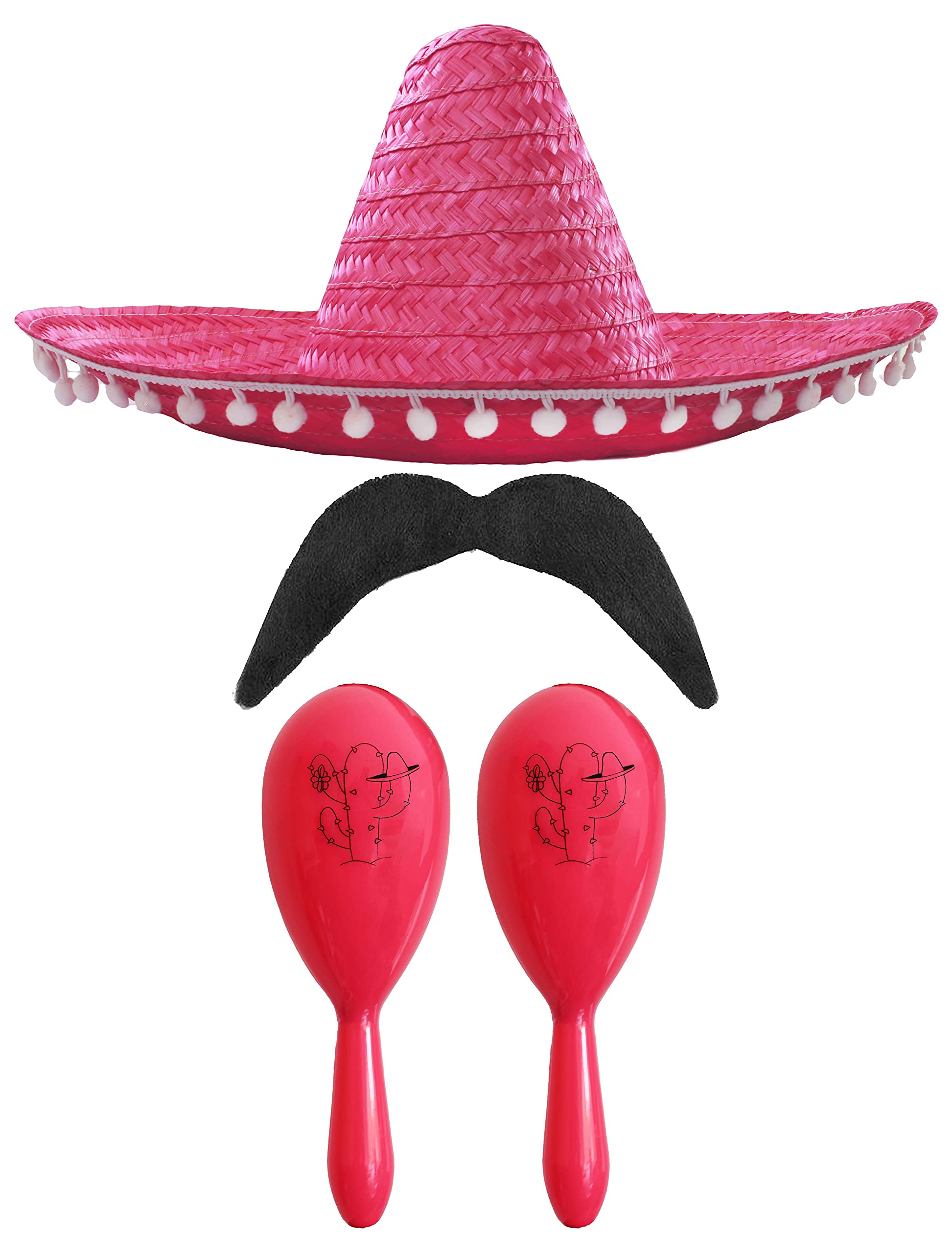 Adults Mexican Accessory Set - Natural Mexican Sombrero, Pink Maracas, Moustache - Mexican Cinco de Mayo Sensorita Bandit Mariachi Fancy Dress Costume Accessory Set