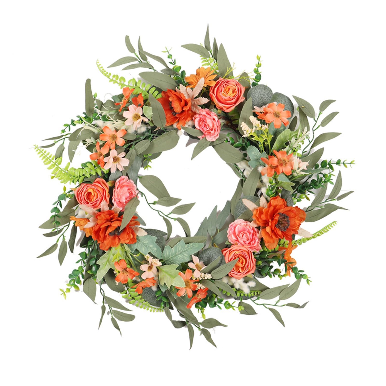 45 cm Artificial Orange Peony Wreath,Fall Spring Flowers Wreath,Daisy,Green Leaves Garland, for Wedding Porch Wall Home Decor