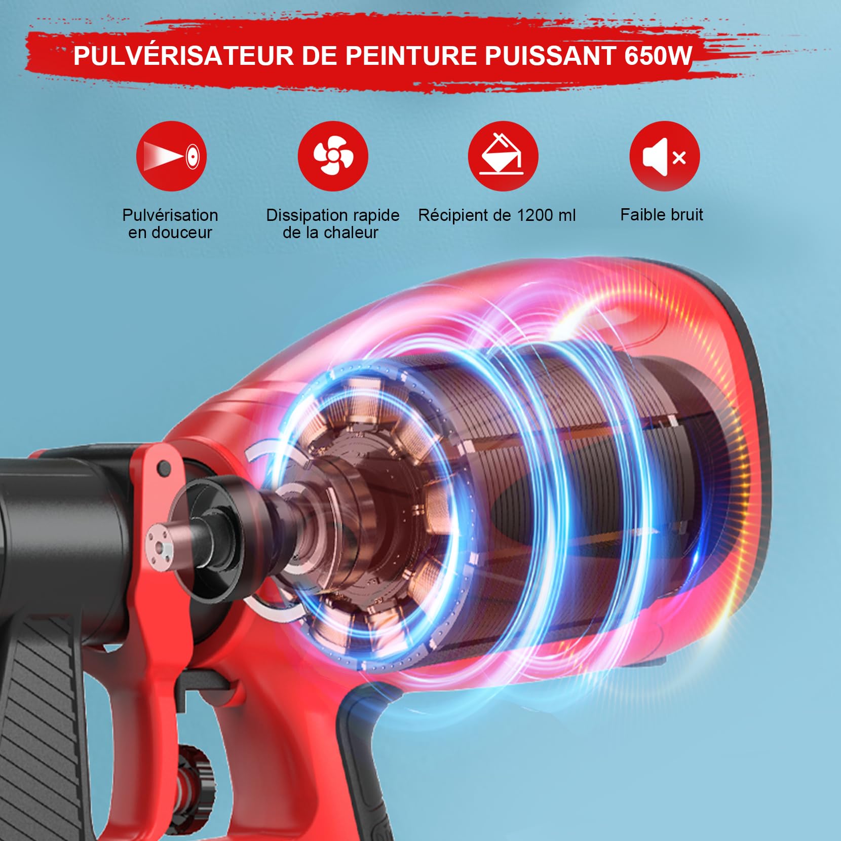Pistolet a Peinture Électrique 650W, Pistolet Peinture Filaire 1200ml avec 4 Buses&3 Motifs,Fonction Soufflage, Débit Max 1000ml/min pour Peindre Meubles, Murs, Clôtures, Bricolage et Projets DIY