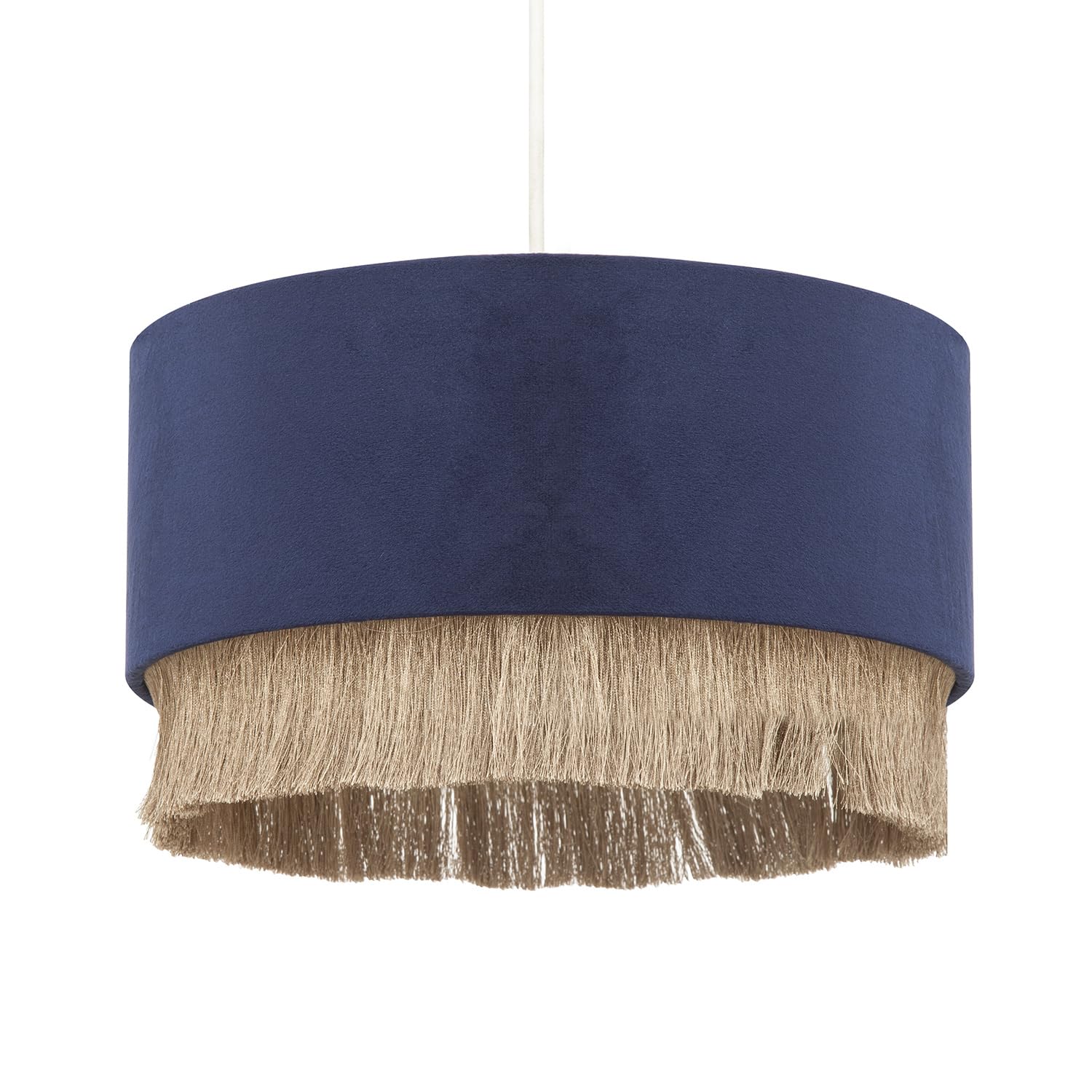 Modern Designer Dark Midnight Blue Soft Velvet Circular Pendant Lighting Shade with Dark Gold Hanging Tassels | 13cm x 30cm by Happy Homewares