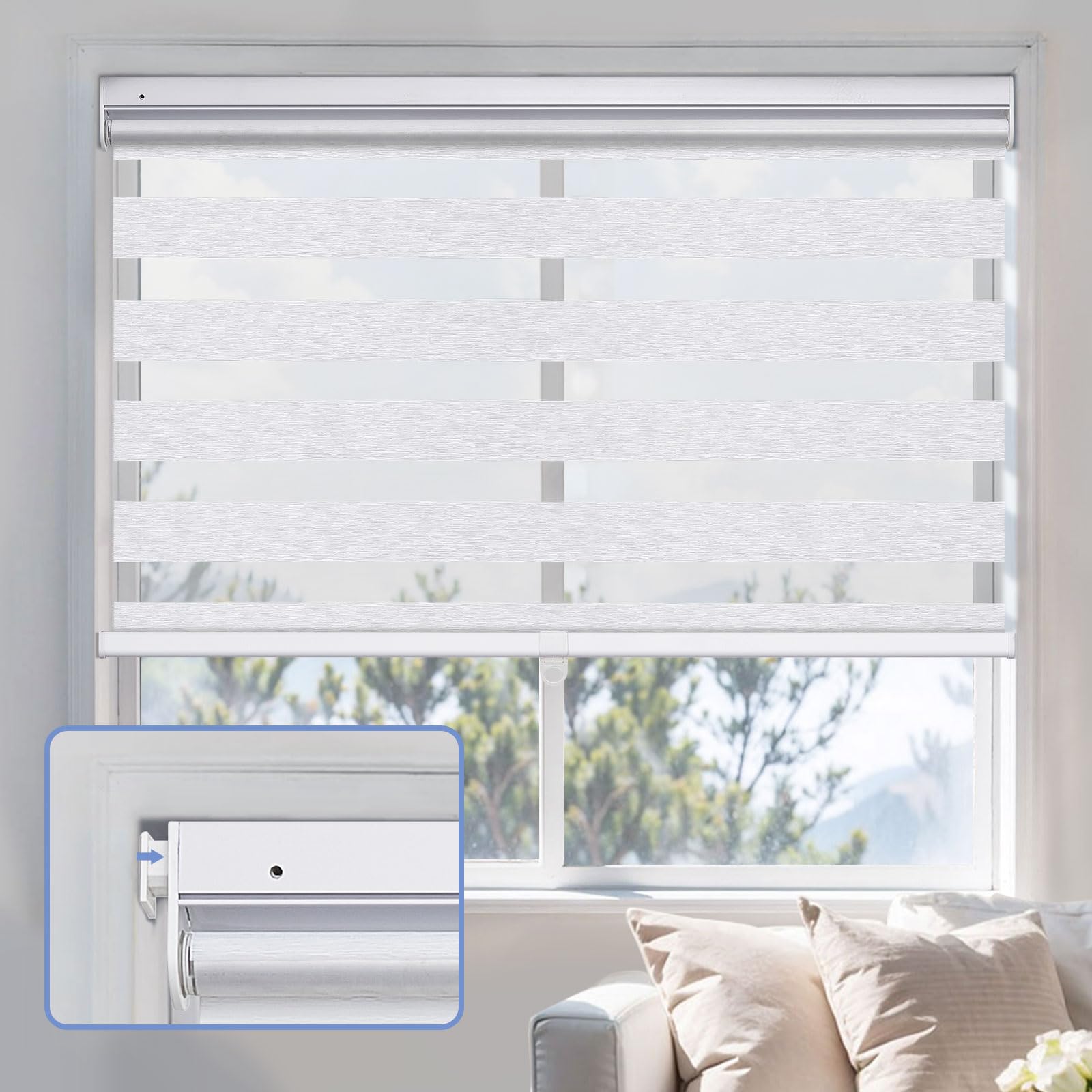 UrMoon No Drill Zebra Blinds No Tools Zebra Shades Cordless Roller Shades for Windows Dual Layer Roller Blinds Room Darkening Custom Size for Indoor, Light Filtering White, 58
