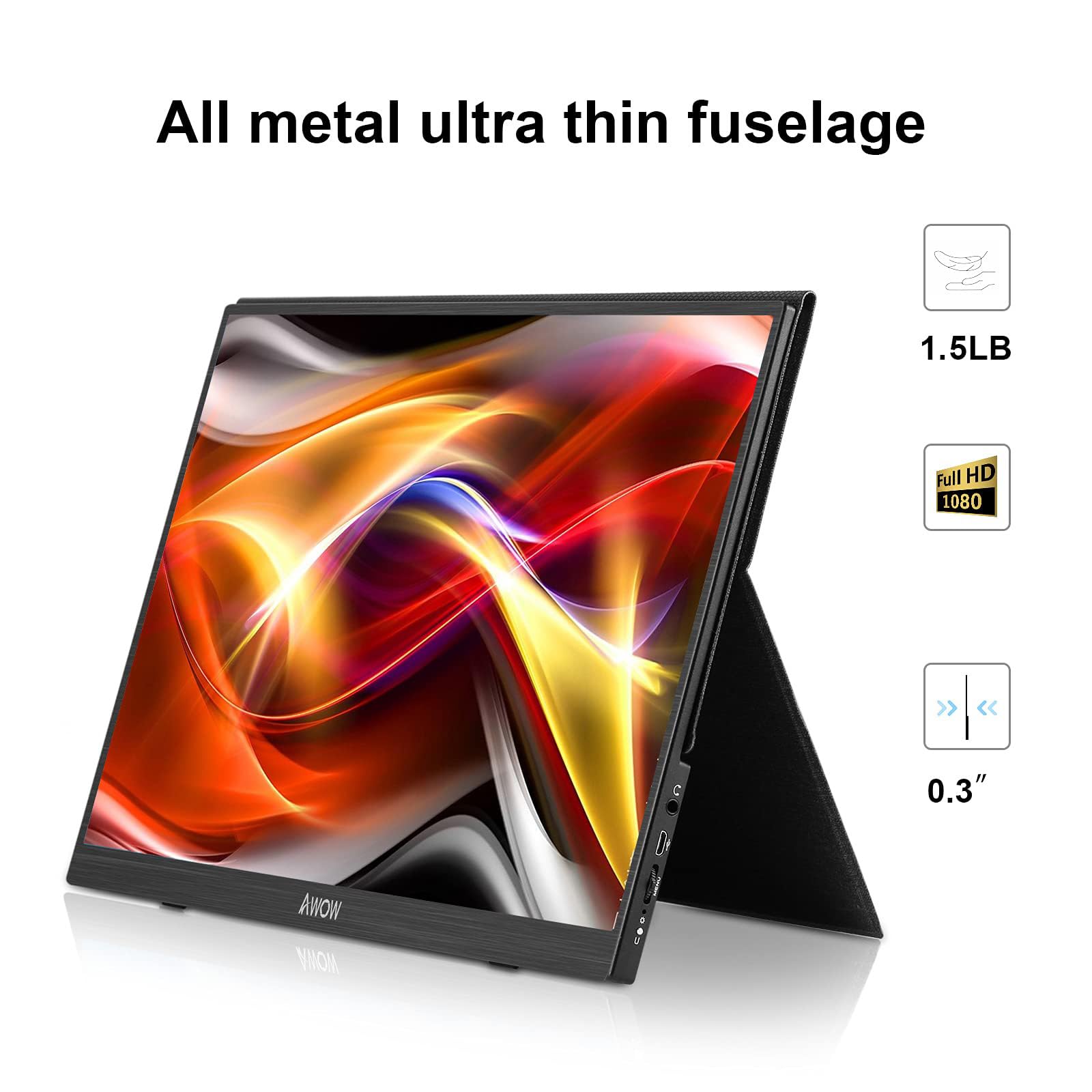 AWOW Monitor Portatile 15.8 Zoll – 1920x1080 FHD IPS Bildschirm mit HDMI & USB Type-C für Computer, Smartphones, Spielekonsolen – Schwarz (Pollici, 15)