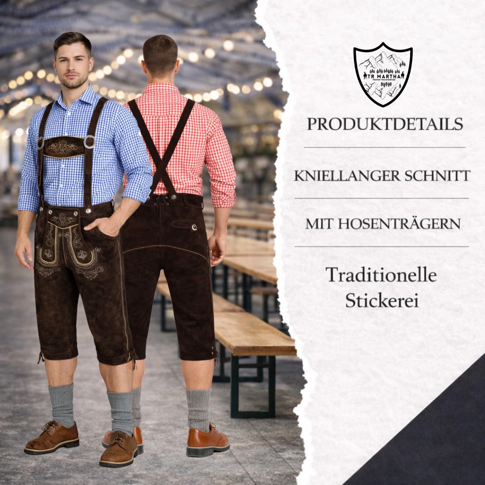 Premium Lederhose für Herren - Elegante Trachtenhose Gr.46-60 - Designer Lederhosen in 3 Farbvarianten (Hellbraun, Dunkelbraun, Schwarz) - 100% Rindsveloursleder