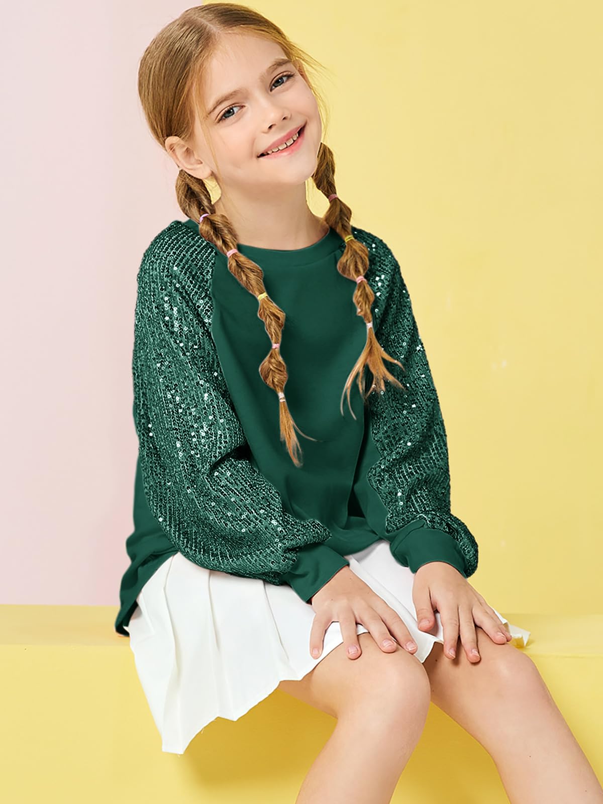 Haloumoning Sudaderas con lentejuelas y cuello redondo para niñas de 5 a 14