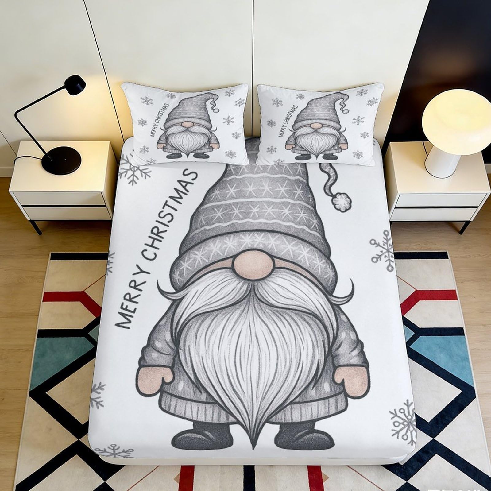 3D Printed Christmas Gnome Fitted Sheet Microfiber Snowflake Bed Cover Anti-Slip for Adult Teen Bedroom Dorm Mattress Protection 180x200x25cm