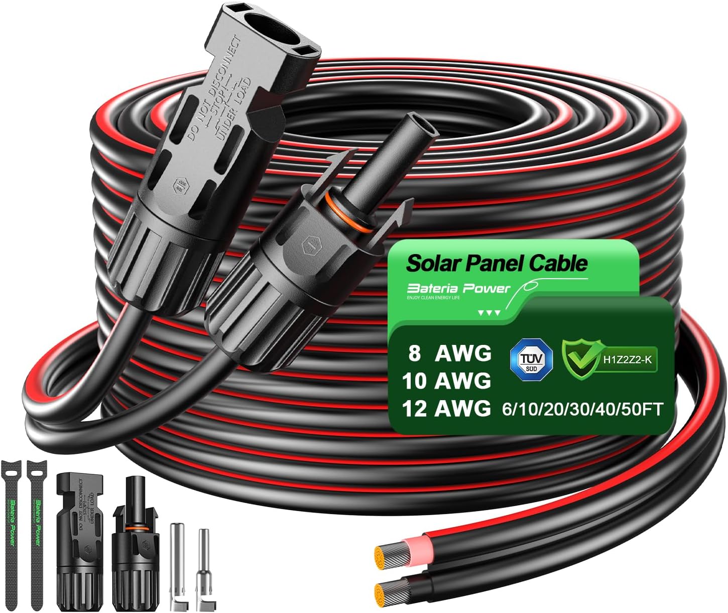 Bateria Power 40 Feet 10AWG Solar Panel Extension Cable, 6mm² Twin Wire Conductor Parallel Solar Wire Adapter Kit with Waterproof Female & Male Solar Connectors for RV, Marine, Photovoltaic Systems