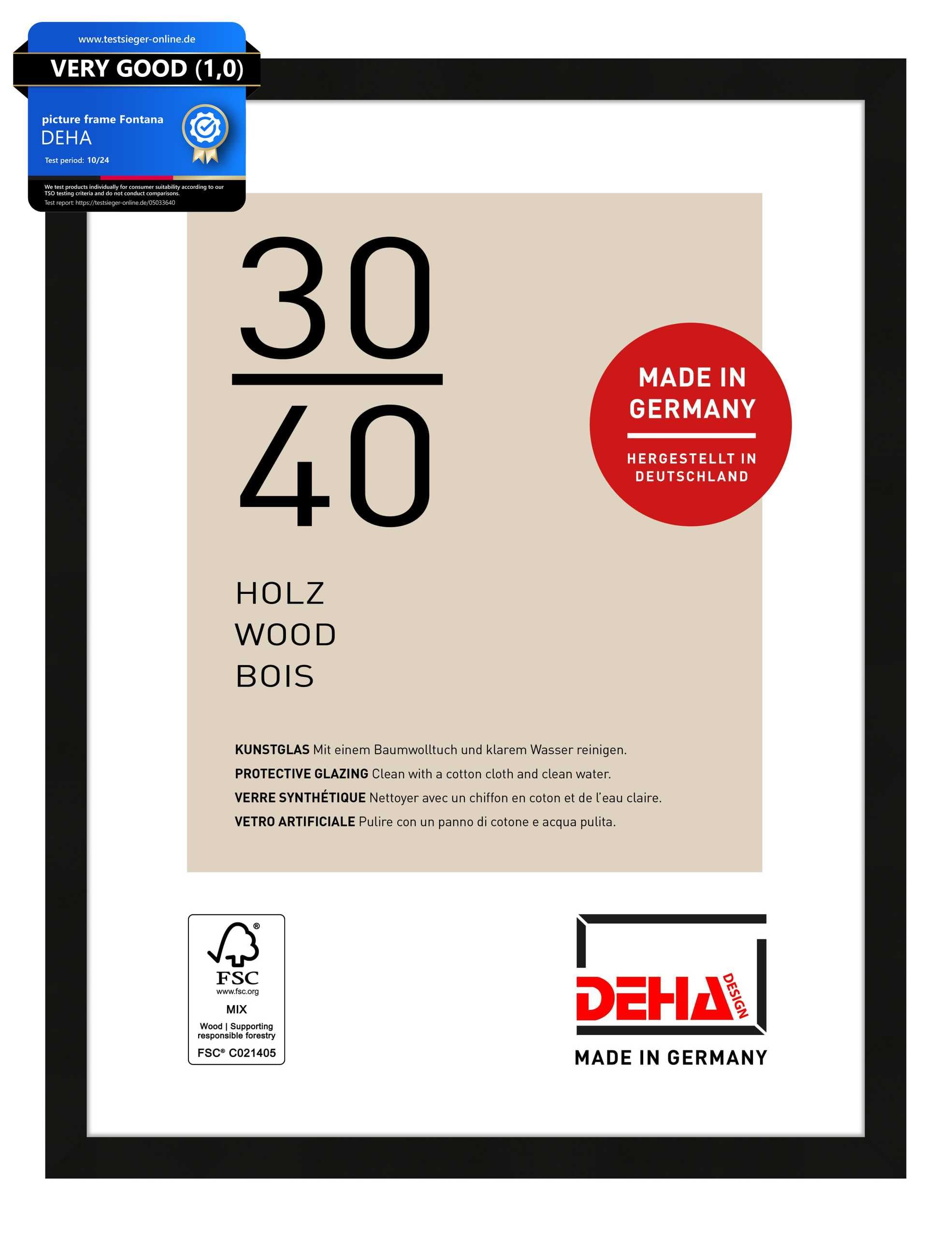 Deha Design Black Fontana Wooden Picture Frame - 30X40 Cm – - With Synthetic Glass And Push/Turn Clips