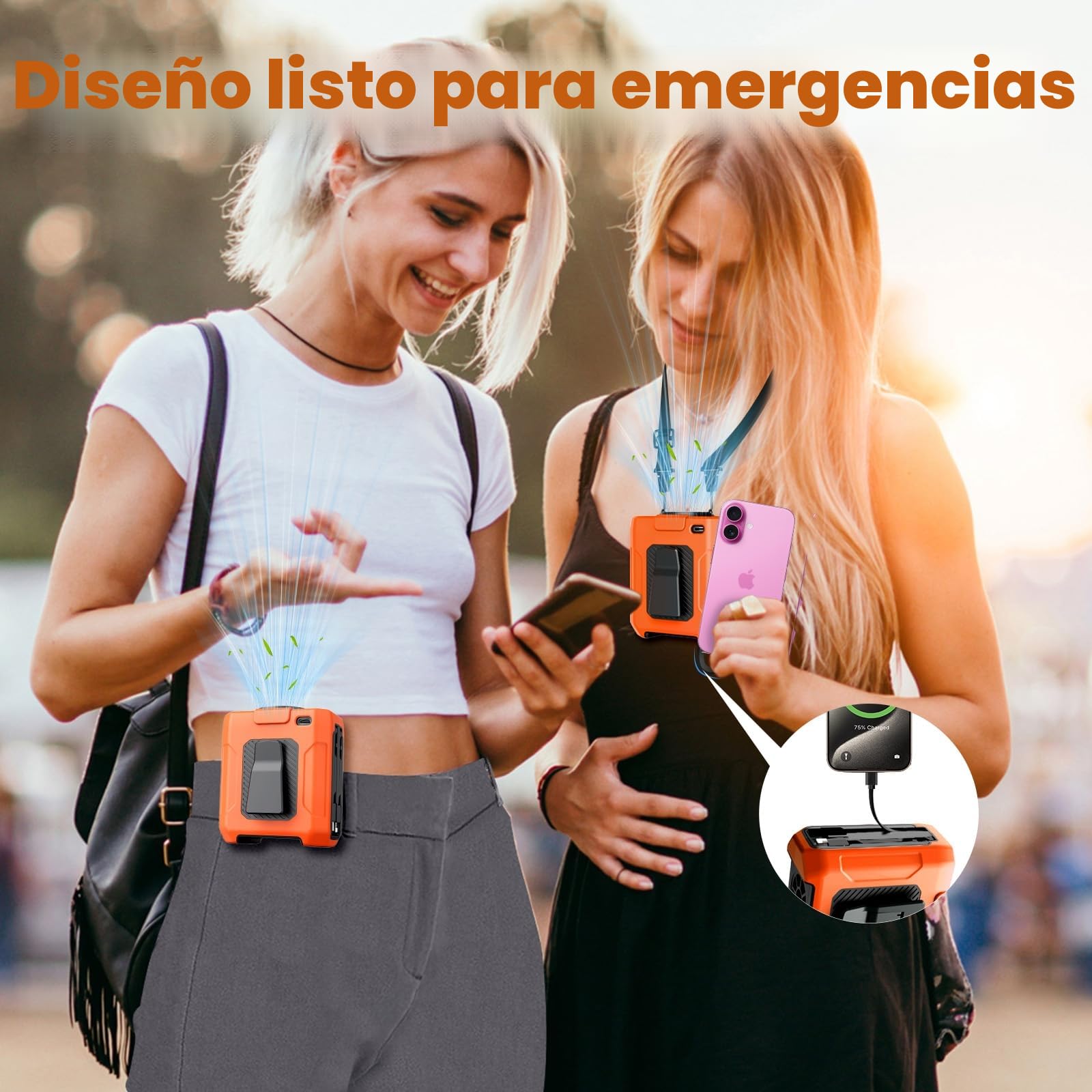 Uplayteck Ventilador de Cintura portátil, 5 Velocidades, 18.000 RPM, Batería de 10.000 mAh Hasta 35 Horas de Autonomía, Powerbank y Linterna, Refrigeración Rápida Ventilador Camiseta (Naranja)