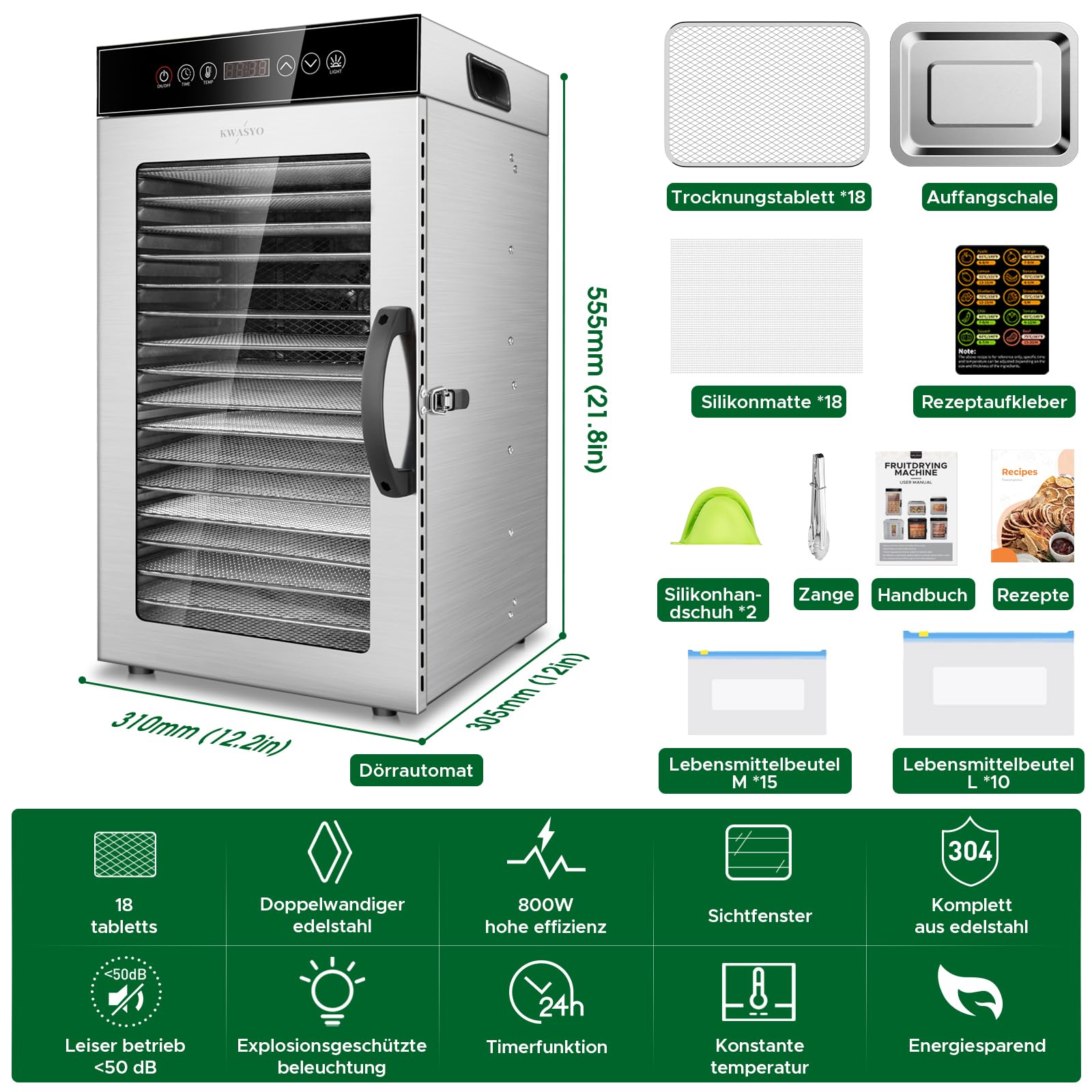 Kwasyo Gewerblicher Dörrautomat 18 Etagen, 800W Edelstahl Lebensmittel Dehydrator mit 360° Luftzirkulation, Große Kapazität für Fleisch, Obst, Gemüse, Kräuter