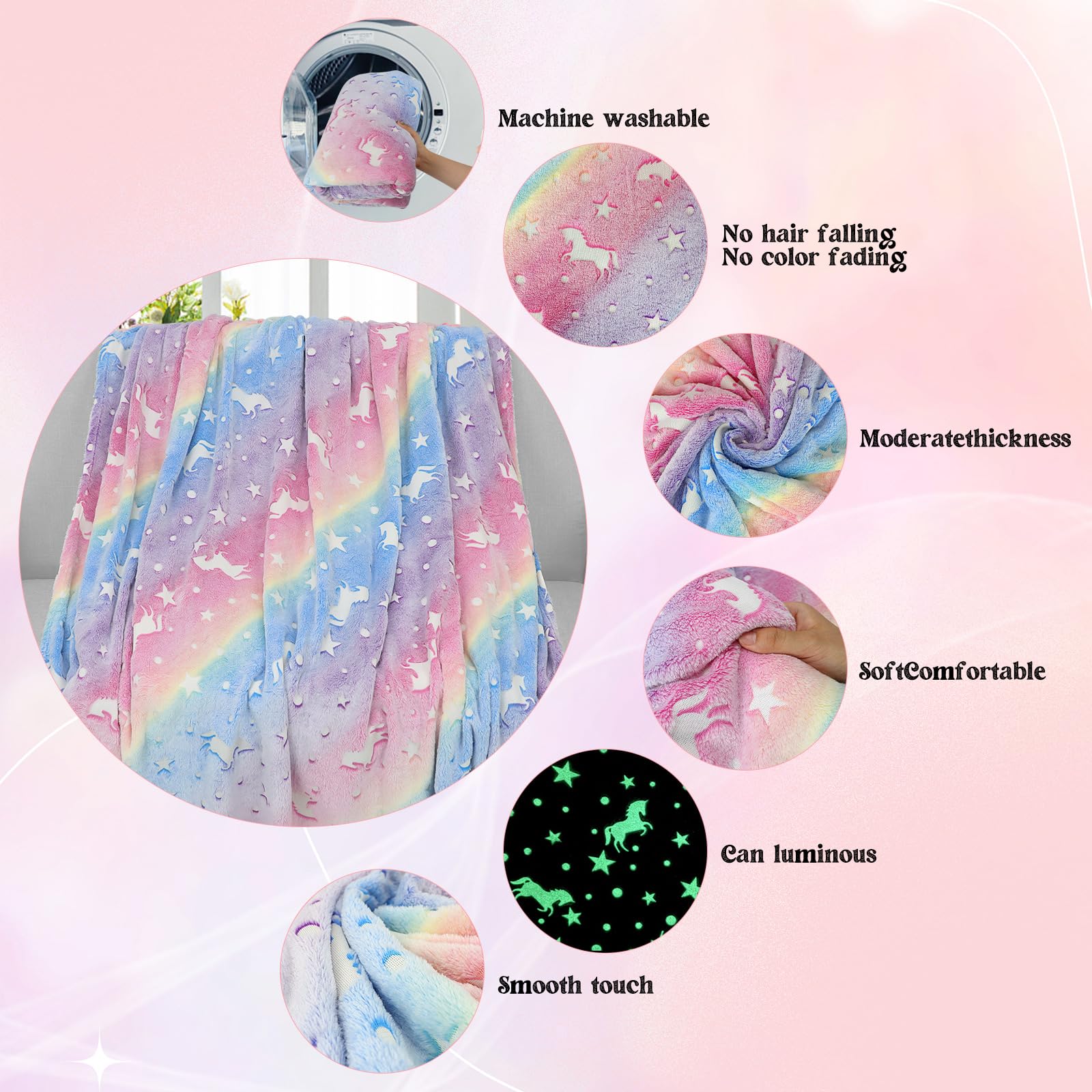LXTOPN Coperta Luminosa al buio, coperta con unicorno per bambini e adulti, 150 x 200 cm morbida coperta in flanella per per ragazzi e ragazze, divano (gradiente, 150 x 200 cm)