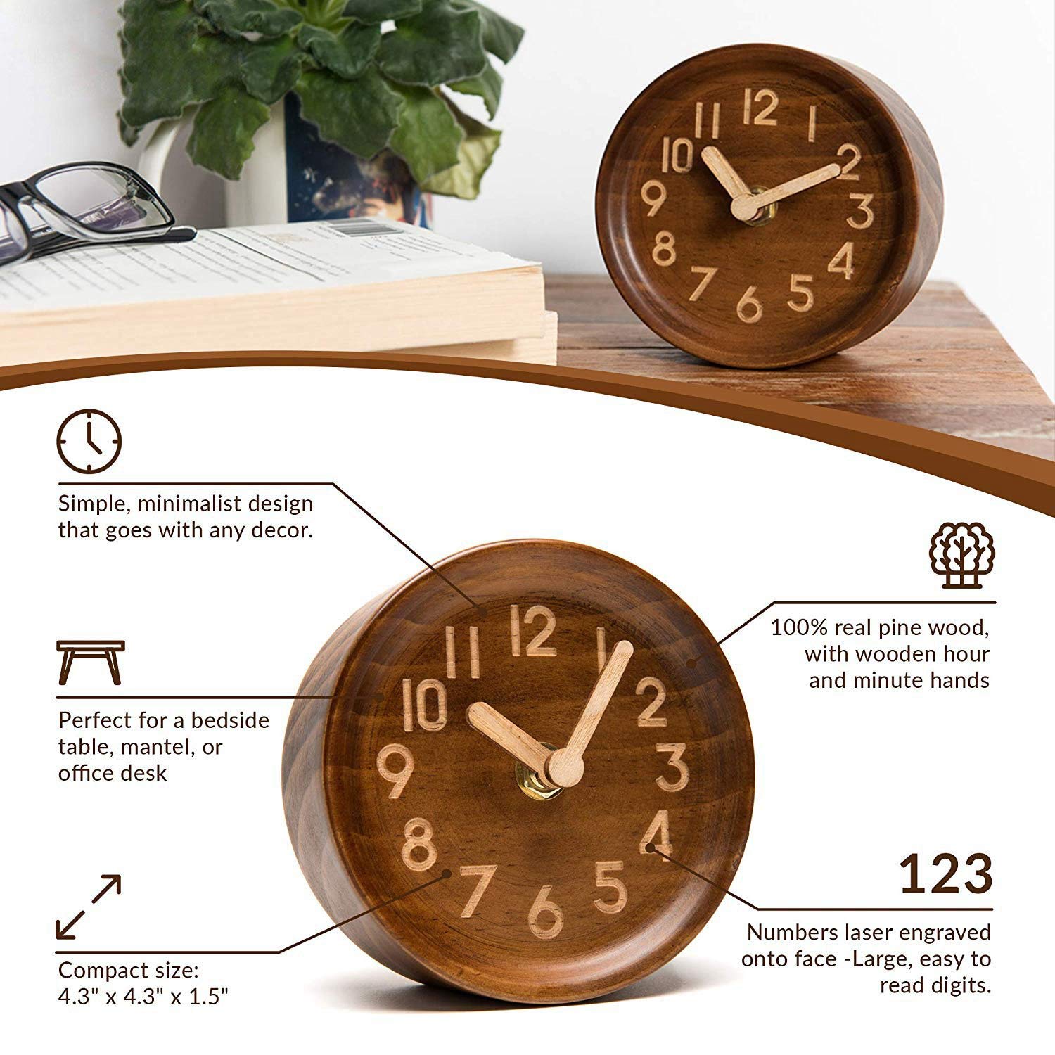 Pasuihcay Wooden Desk & Table Analog Clock Made of Genuine Pine(Dark)-Battery Operated with Precise Silent Sweep Mechanism, Brown