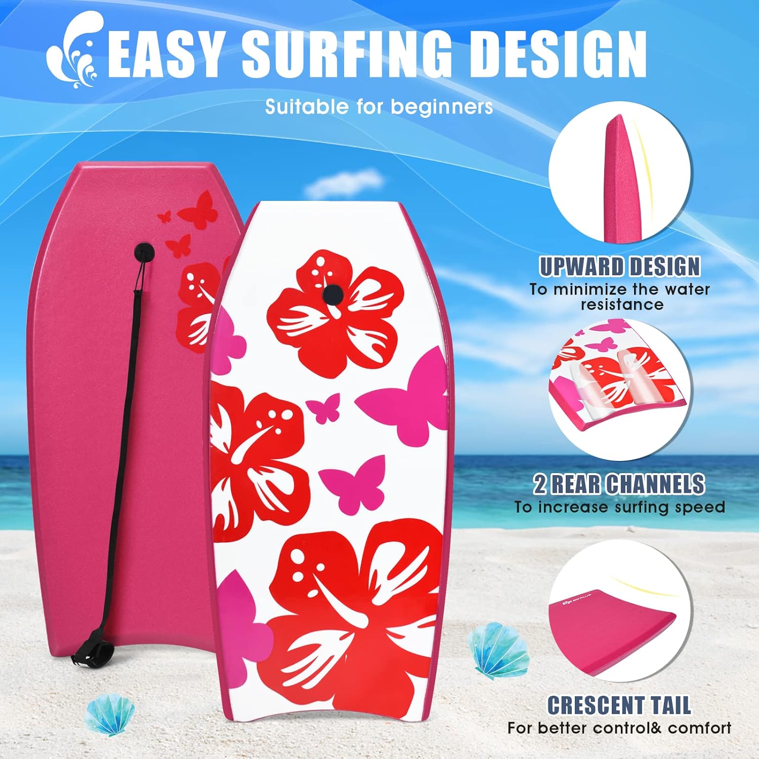 Bodyboard, 33/37/41 Inch Lightweight Surf Board with EPS Core, XPE Deck & HDPE Slick Bottom, Adjustable Wrist Leash, Body Board for Beach, Suitable for Kids Adults