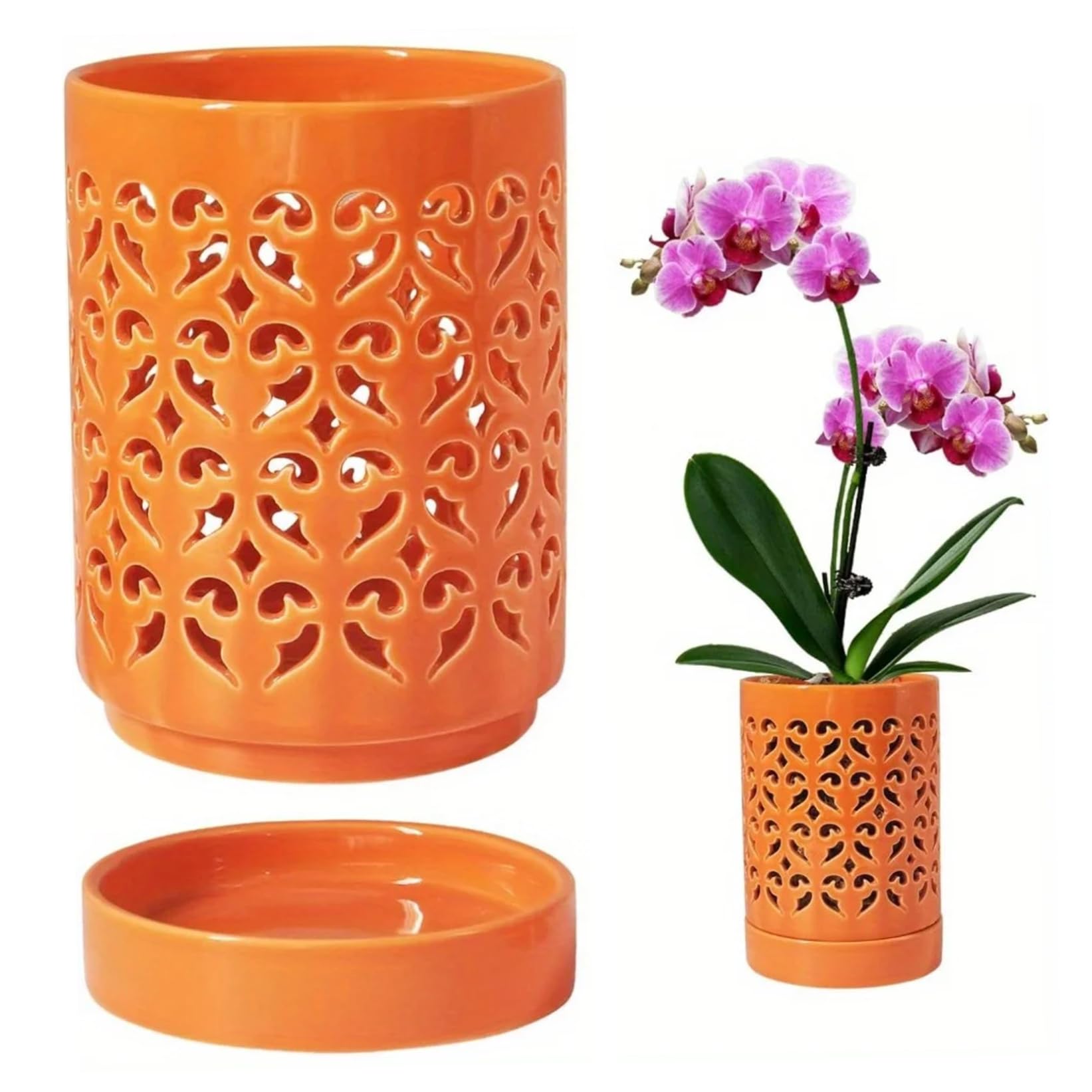 Bemonew Orchid Pots 5.5x4in Orchid Planter with Holes & Saucer & Drainage Ceramic Plant Pot for Indoor Outdoor Plants, Orange