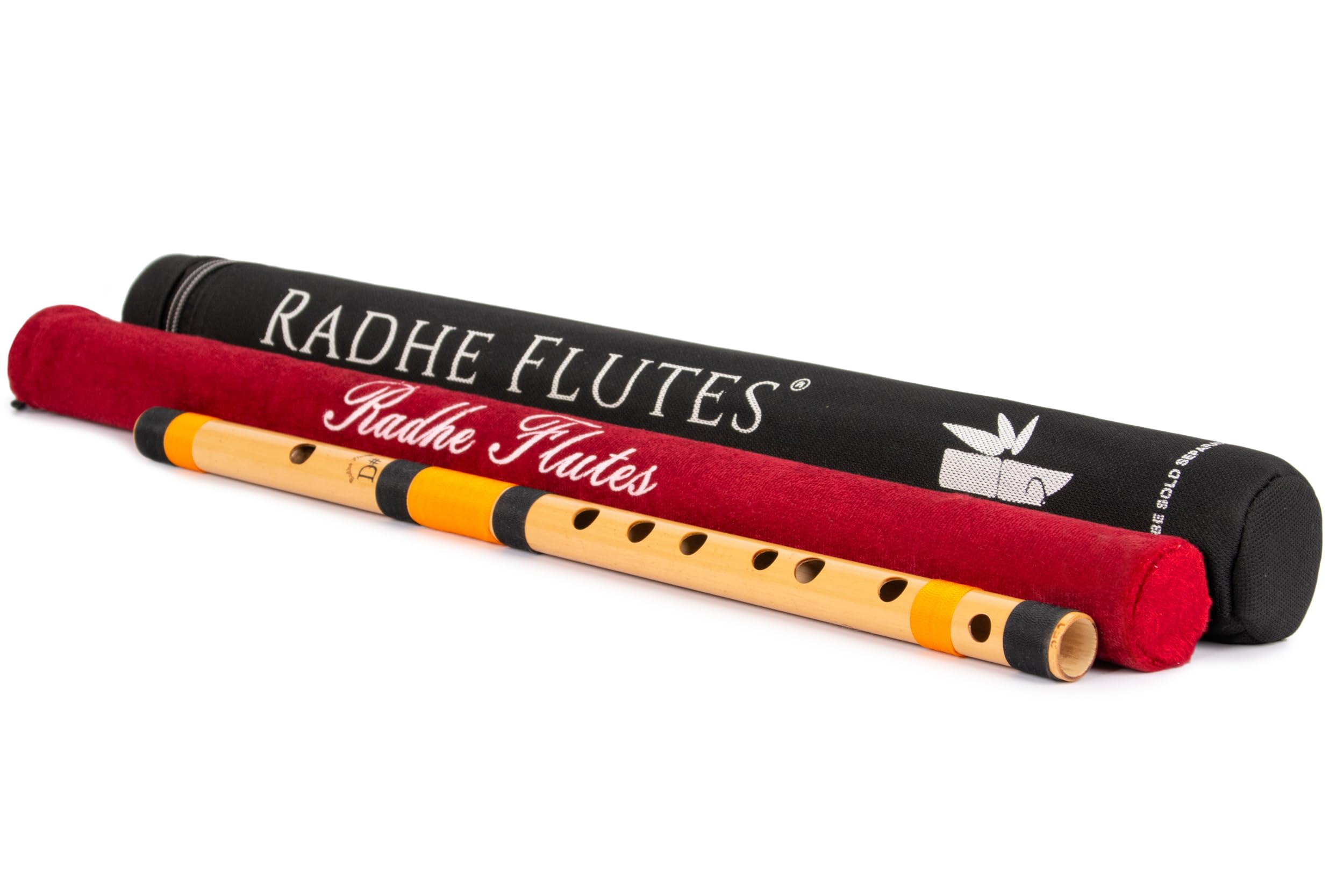 Radhe Flutes | Bansuri professionnel en bambou | D Sharp | droitier | octave moyenne | avec couverture rigide + couverture en velours et tube en papier | Noir et orange | Fabriqué à la main par Tej