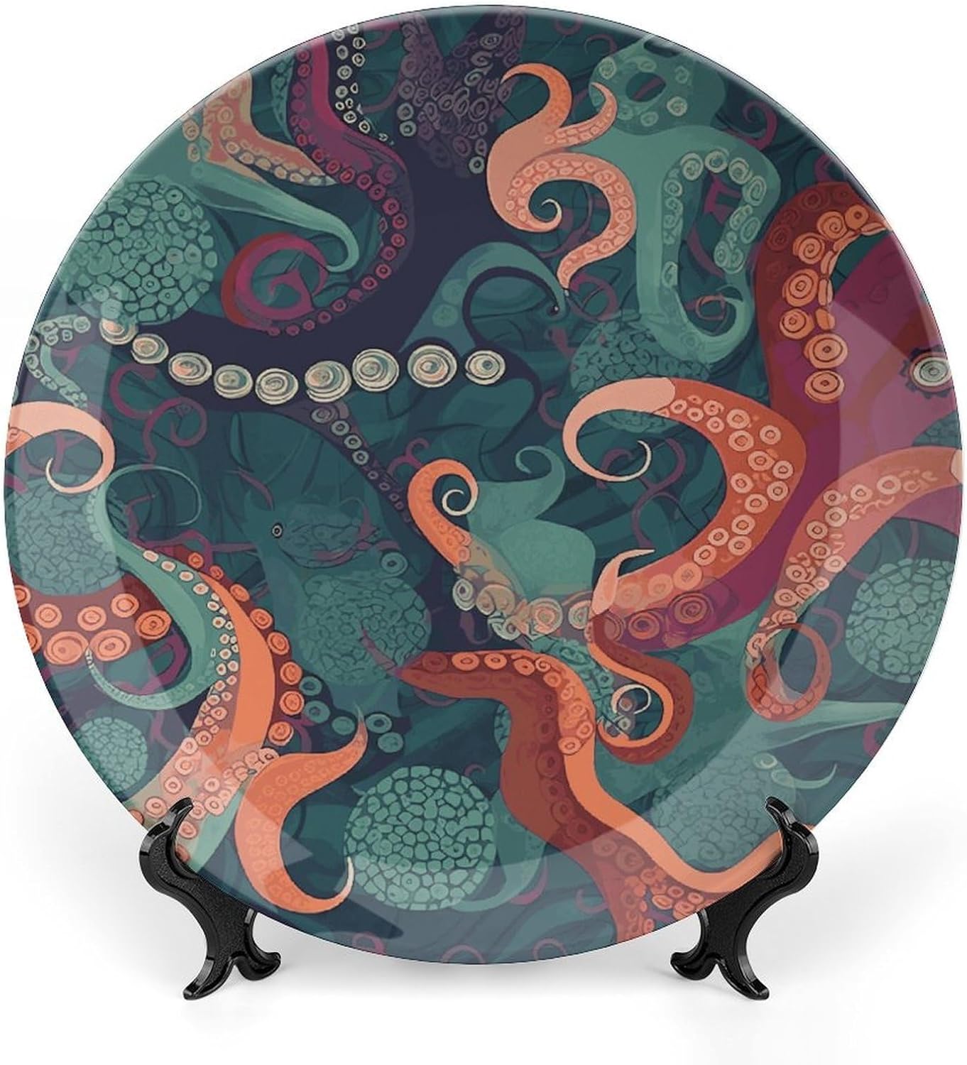 Abstract Octopus Decorative Plates for Display Round Porcelain Plate Living Room Table Ceramic Hanging Decorative Plate Art Decor for Living Room Table with 1 Display Stand 8inch