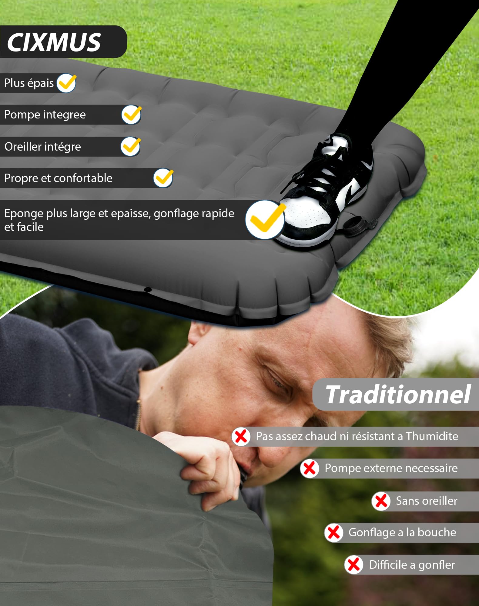 Matelas Camping Gonflable 12 cm Résistant à l'eau Ultra Léger avec Pompe à Pied et Oreiller Intégré Noir