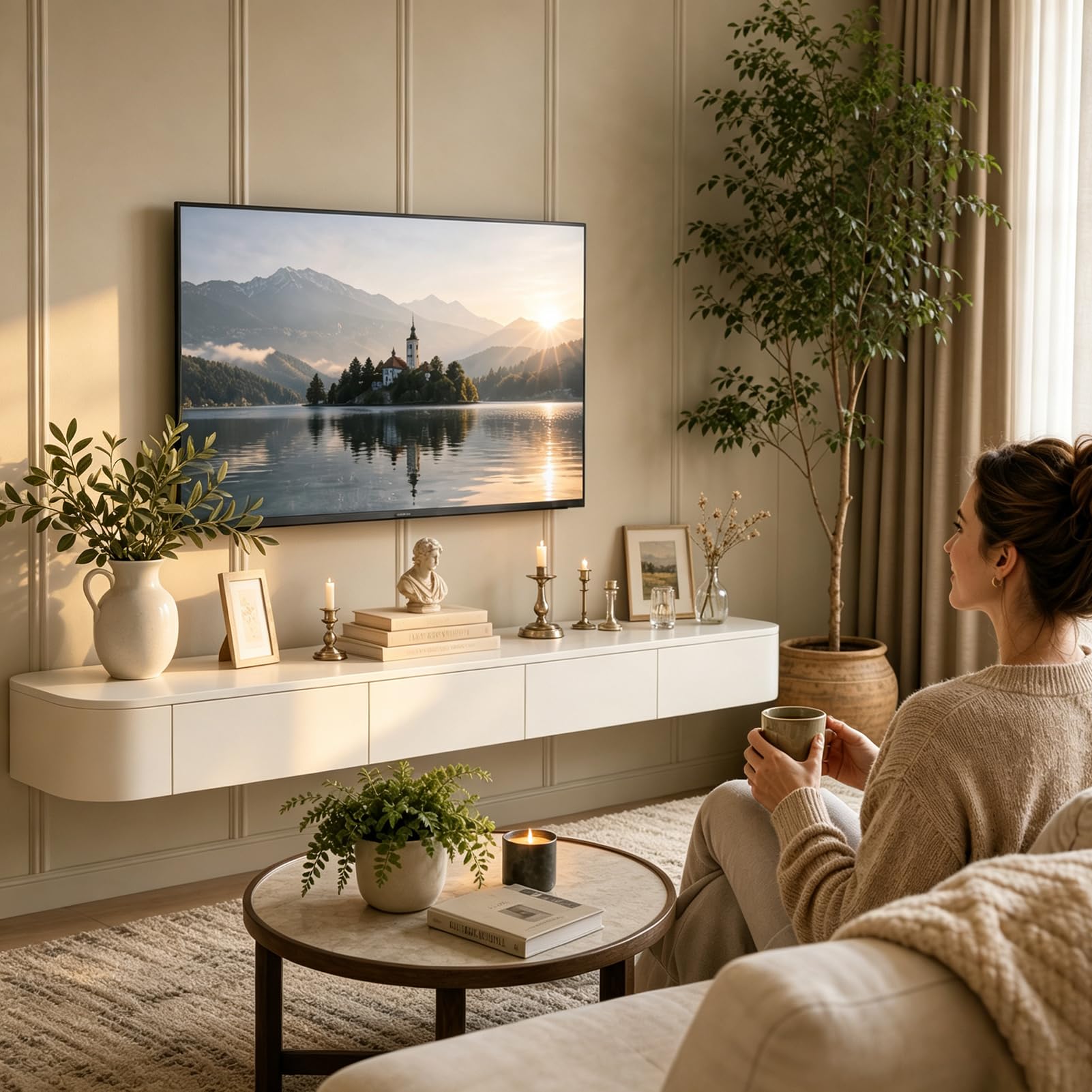Weiß TV Schrank Schweben,240cm TV Board Hängend,mit 2 Schubladen & 2 Klappen,TV Lowboard Mit Kabelmanagement, TV Tisch für Wohnzimmer und Esszimmer,Einfache Montage