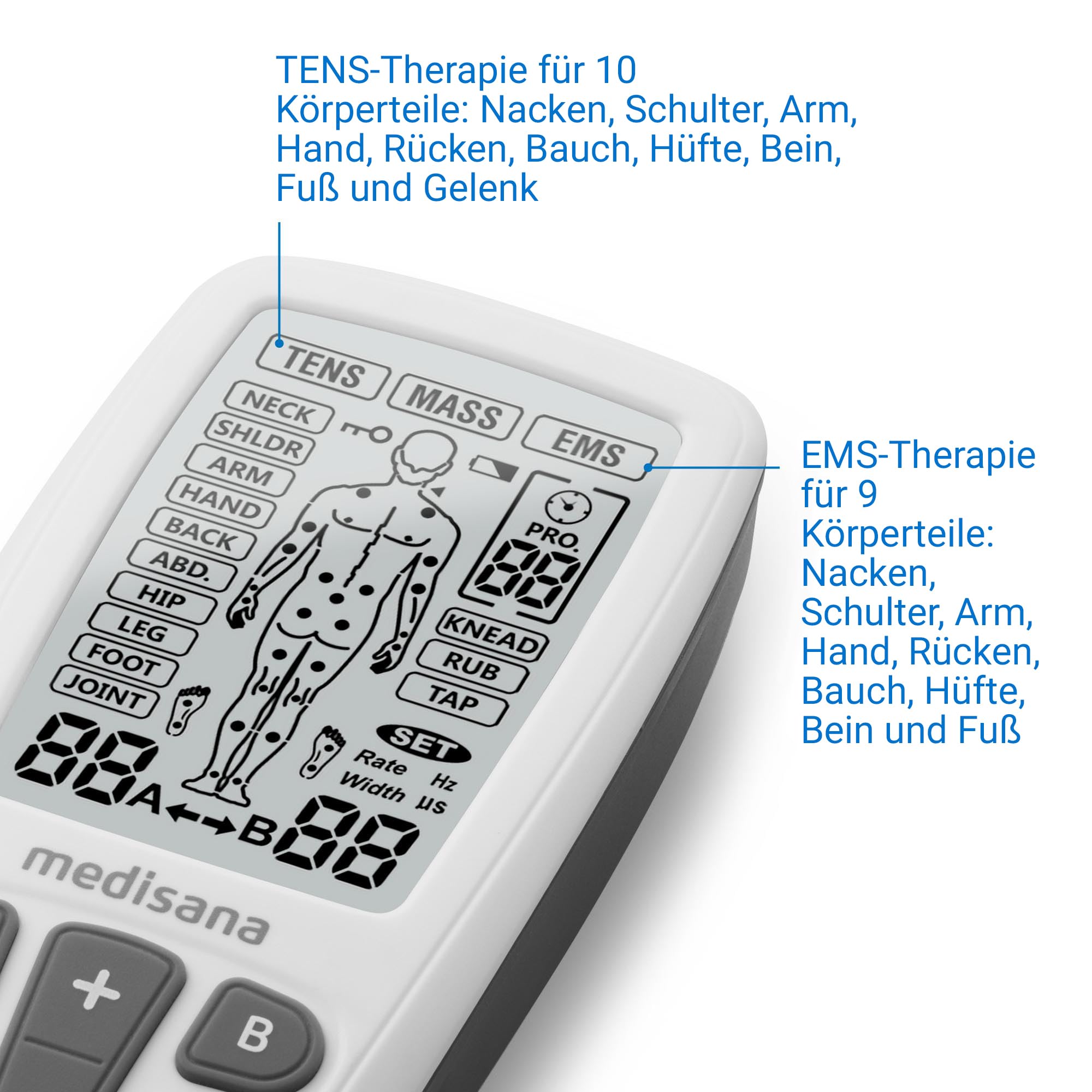 medisana TENS Gerät, EMS Reizstromgerät mit 60 Programmen professionelles Elektrotherapiegerät Muskelentspannung und Schmerzlinderung an Rücken, Nacken, Schultern, Bauch, Hüfte mit 4 Elektrodenpads