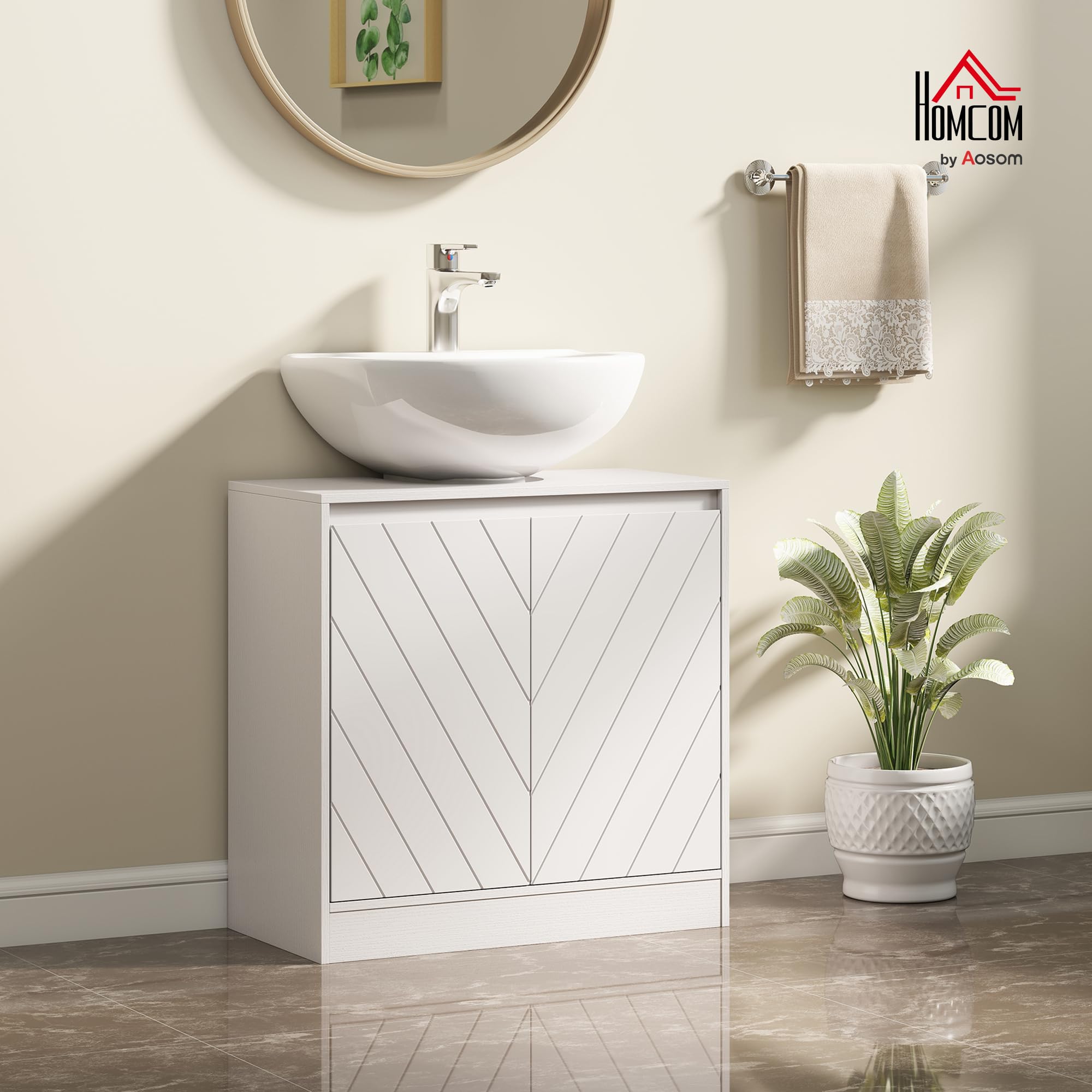 HOMCOM Mueble Bajo Lavabo, Mueble de Baño con 2 Puertas y Estante Ajustable, Armario de Baño para Lavabos con o sin Pedestal, Estilo Vintage, 60x30x59,8 cm, Blanco