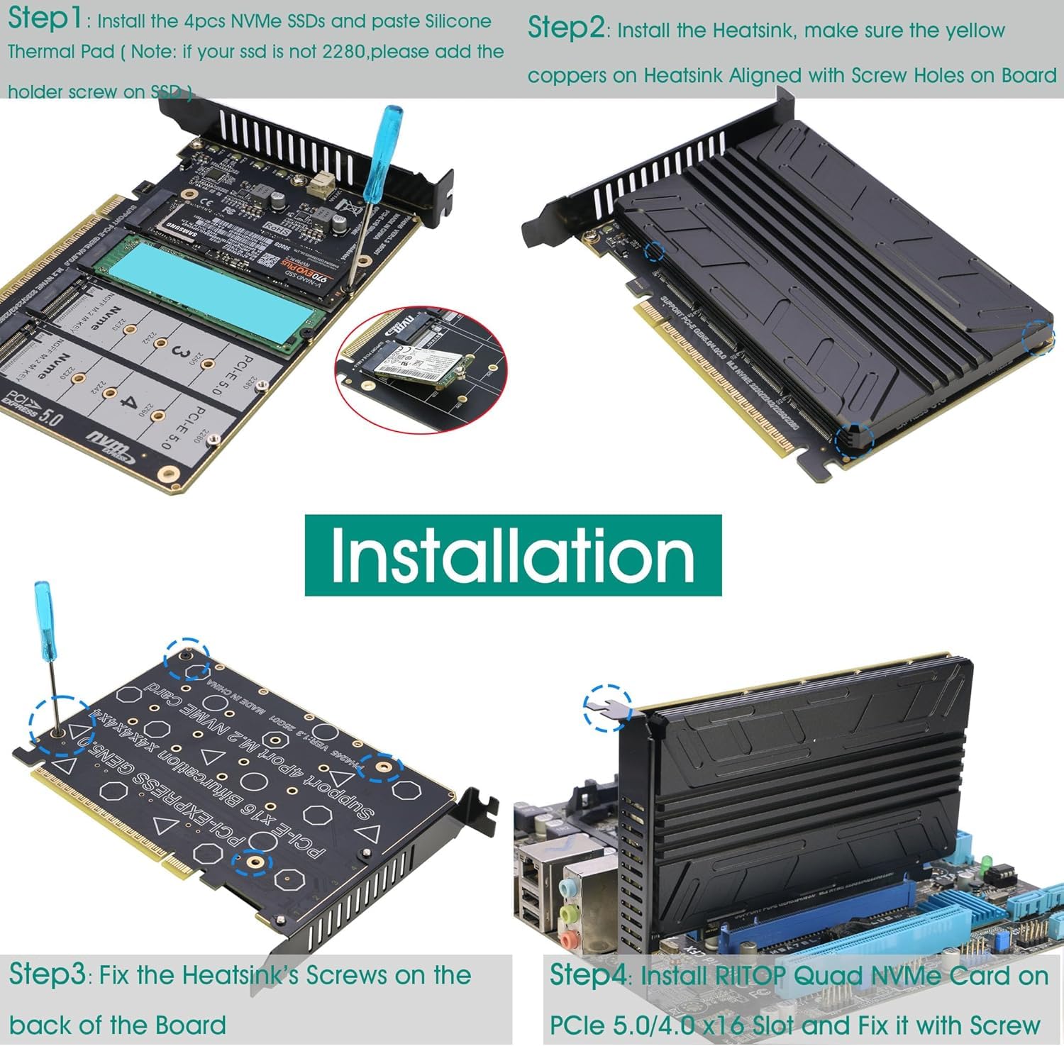 Adaptador Quad NVMe PCIe 5.0 con disipador de calor, RIITOP PCIe 5.0 x16 a 4 tarjetas NVMe para SSD 2280/2260/2242/2230 M.2 M.2 (llave M), requiere verificación PCIe
