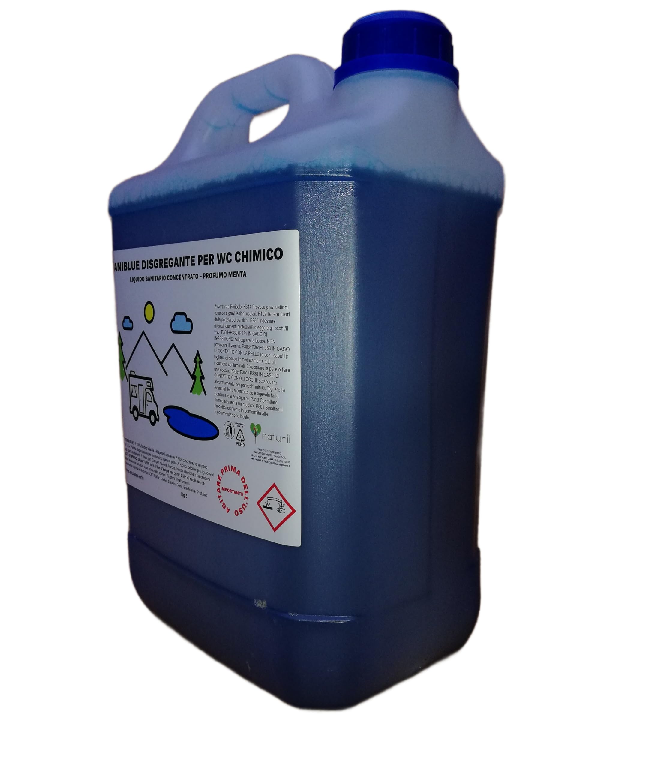 Saniblue Liquido Sanitario Disgregante Concentrato per Wc Chimico, 5 kg per Serbatoio Camper, roulotte Gabinetto da Campeggio, Acque Nere, WC Portatile portatili Toilette chimiche profumo agrumi