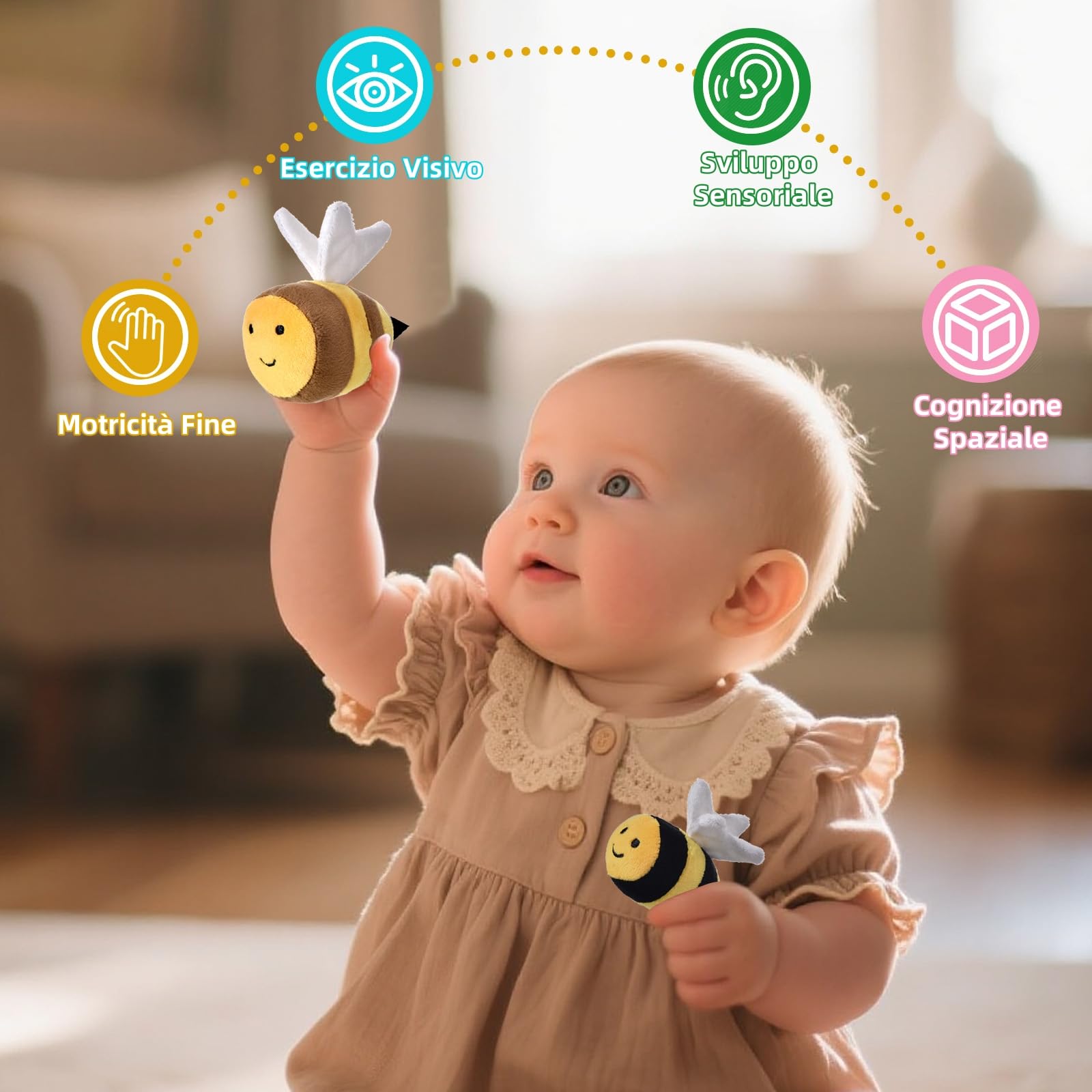 VORENUS Giochi Neonato 6-12 Mesi - Alveare Morbido con 5 Api Sonaglio/Specchio Neonati Montessori Sensoriale Educativo per Bambini 1 2 3 Anni, Regalo 6 9 12 18 Mesi Bimbo Bimba