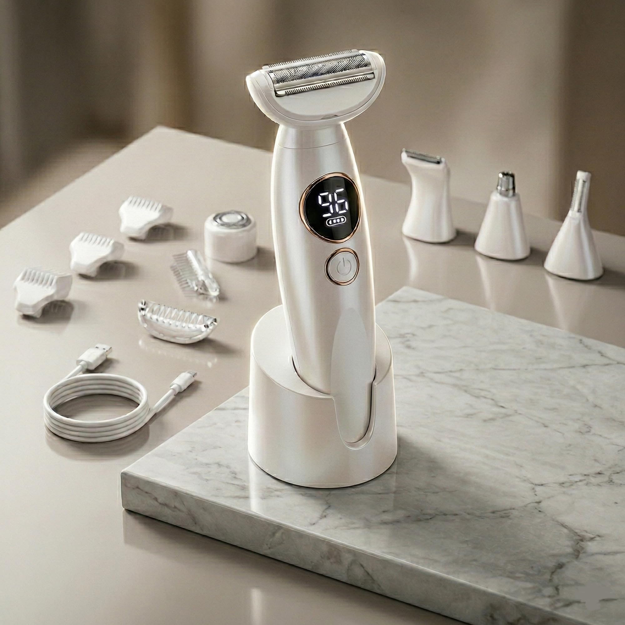 Rasoir Femme 5 En 1, Rasoir Electrique Femme 5 En 1 Etanche, Sec Et Humide Ipx7, Pour Corps, Aisselles, Bikini, Sourcils Et Nez (Blanc)