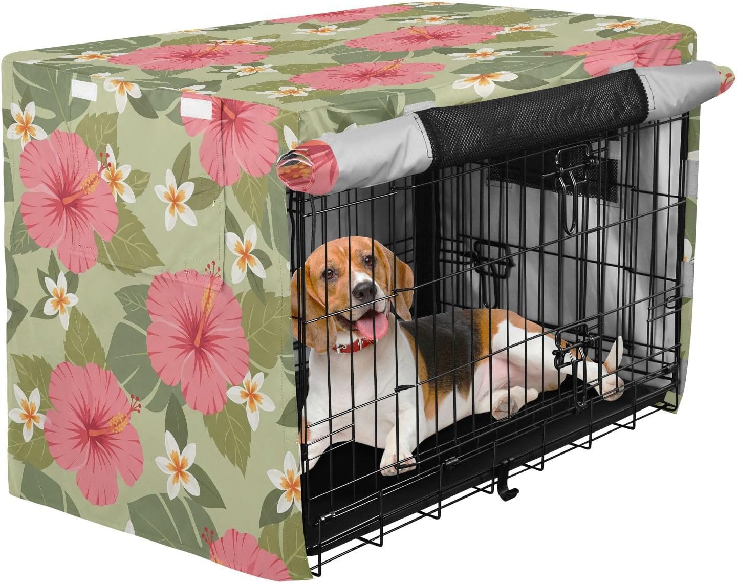 Tropical Flowers Dog Crate Cover 600D Oxford Pet Kennel Cover with Mesh Window for Dog Cages, Windproof Waterproof Machine Washable, 42"x28"x30"