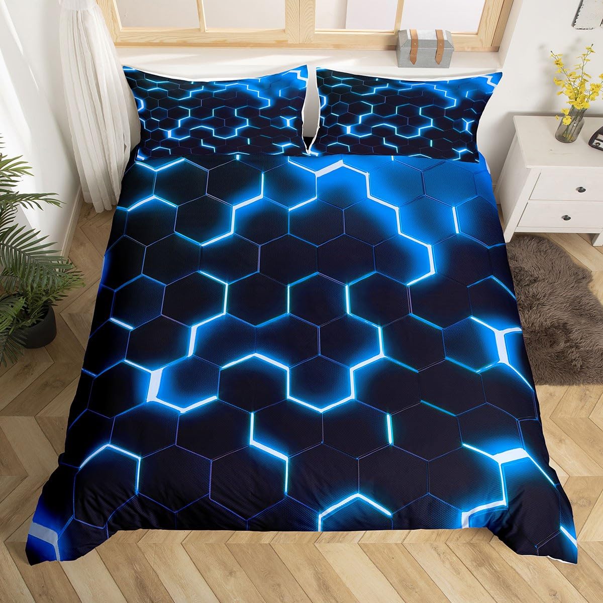 richhome Geometric Honeycomb Duvet Cover Double Size,Hexagon Abstract Bedding Set,Kids Boys Girls Adults Room Decor,Fashion Patchwork Comforter Cover,Blue Black Neon Quilt Cover,2 Pillowcases - Image 2
