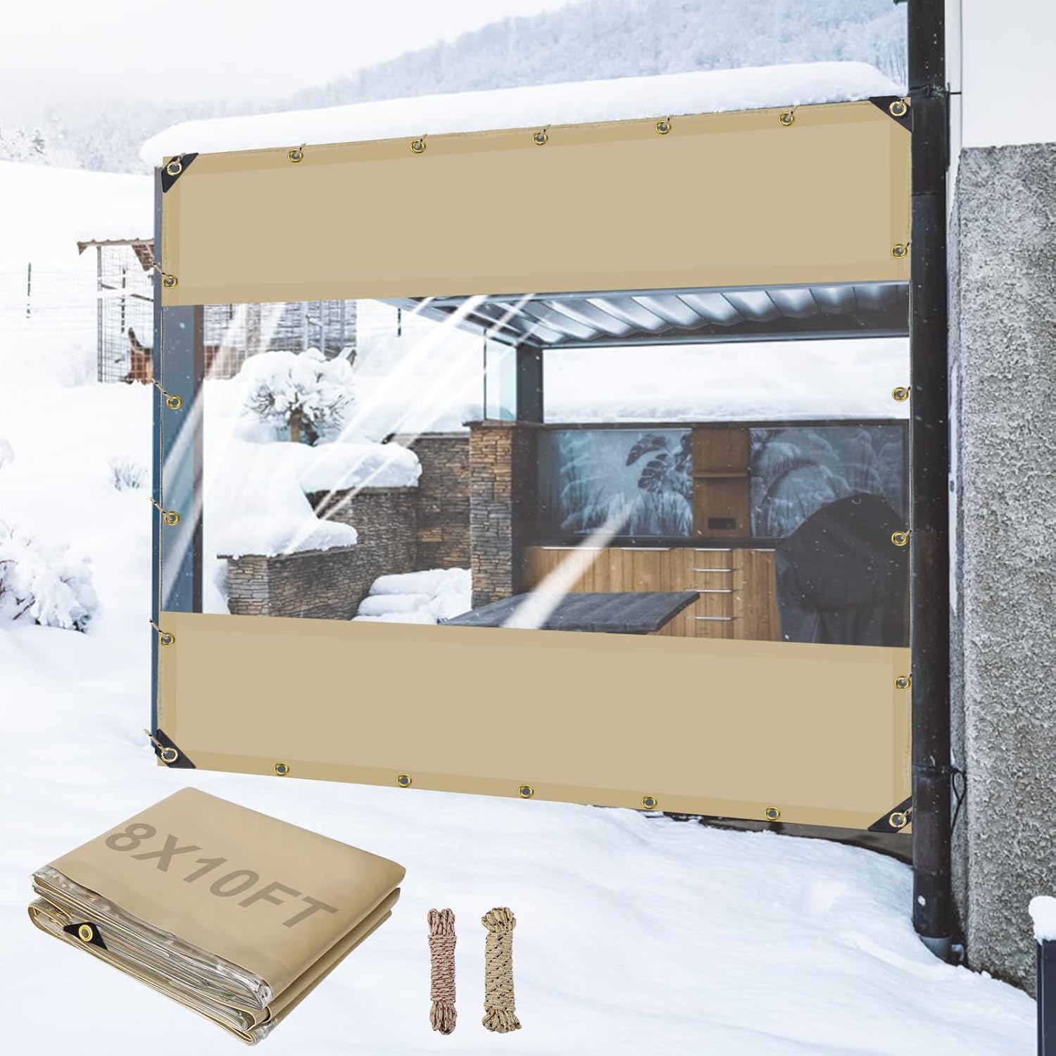 Outdoor Vinyl Curtains for Patio Waterproof - 24 Oz Heavy Duty Porch Enclosure with Brass Grommets, Clear PVC Screen Panels Wind Blocker for Winter Outside 8x10ft Porch Balcony Pergola Gazebos INCOMPLETE 