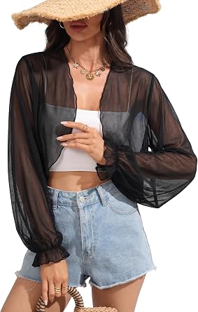 ZAFUL Womens Sheer Bolero Shrug Cardigans Drop Shoulder Long Sleeve Tops