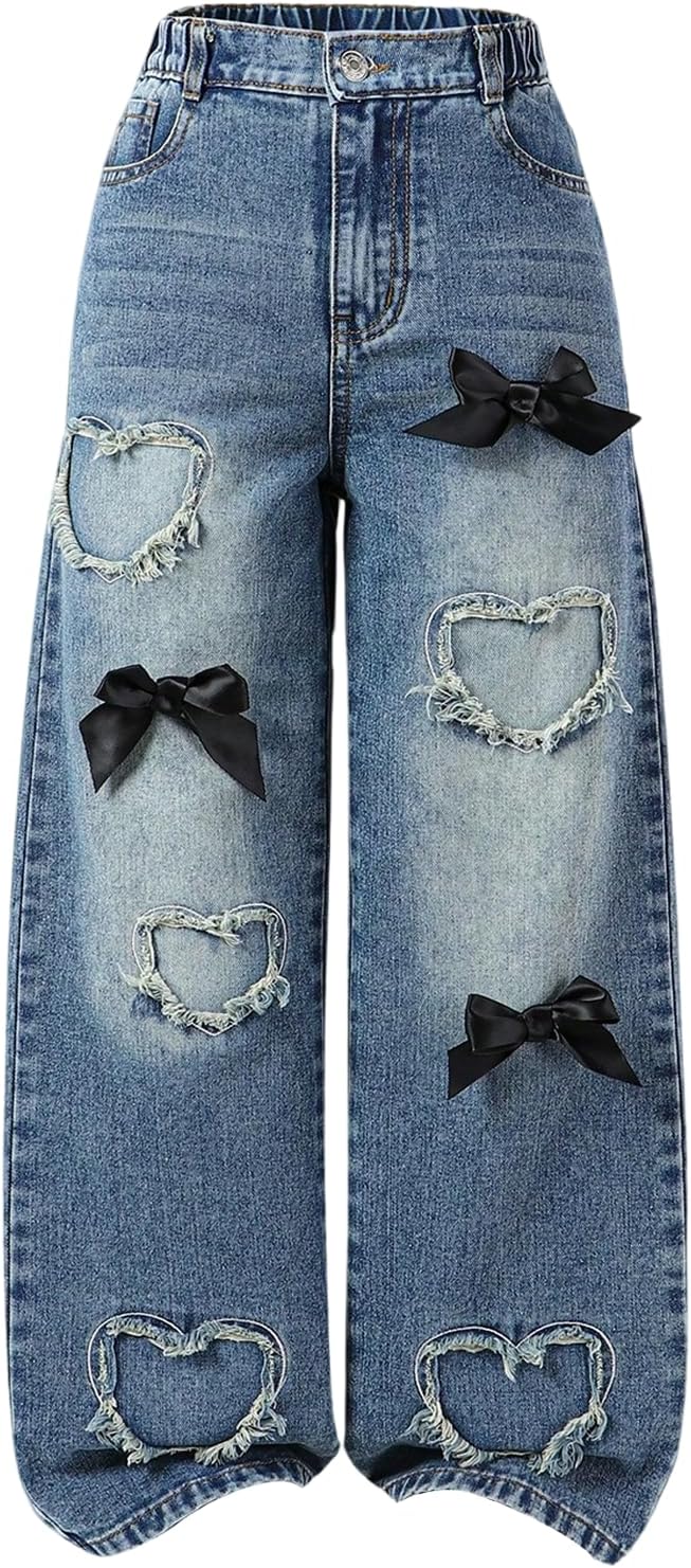 BEAUDRM Girl's Heart Patched Baggy Jeans Y2k Bow High Waisted Straight Leg Denim Pants Streetwear